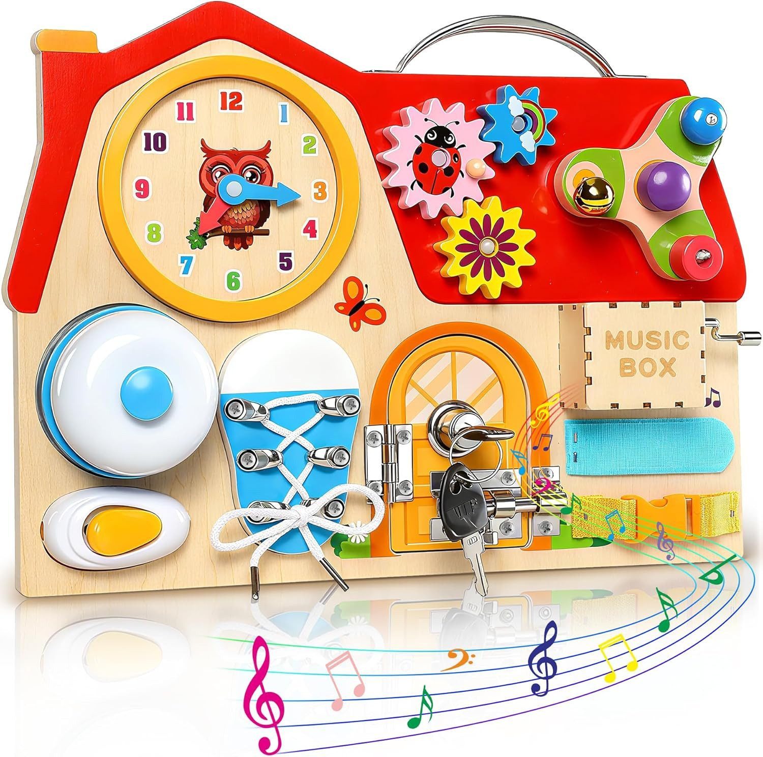 POPOLIC Motorikbrett Förderndes Holz-Busy Board – Montessori Motorikspielzeug, für 2–5 Jahre, sensorisches Lernbrett als Geschenk für Kleinkinder