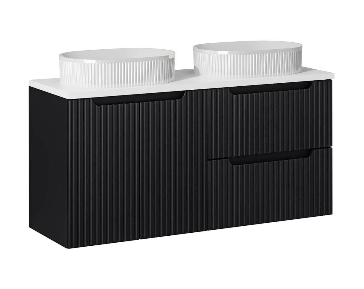 einfachgutemoebel Waschtisch-Set Bad Waschplatz ILUNA Black 120cm Schub & Türe, Becken, schwarz weiß, (Badmöbel Set, 1-St., Waschtisch Unterschrank)