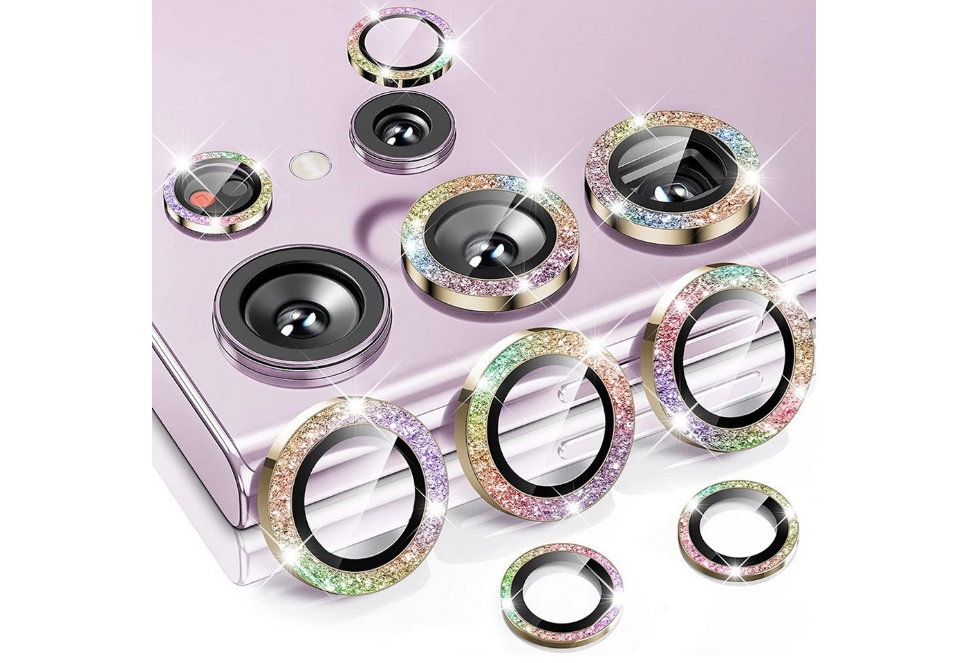 Wigento Handyhülle Für Samsung Galaxy S25 Ultra Aluminium Glitzer Ring Kamera Glas Bunt, Kameralinsenschutz mit Metallring, gehärtetes Glas
