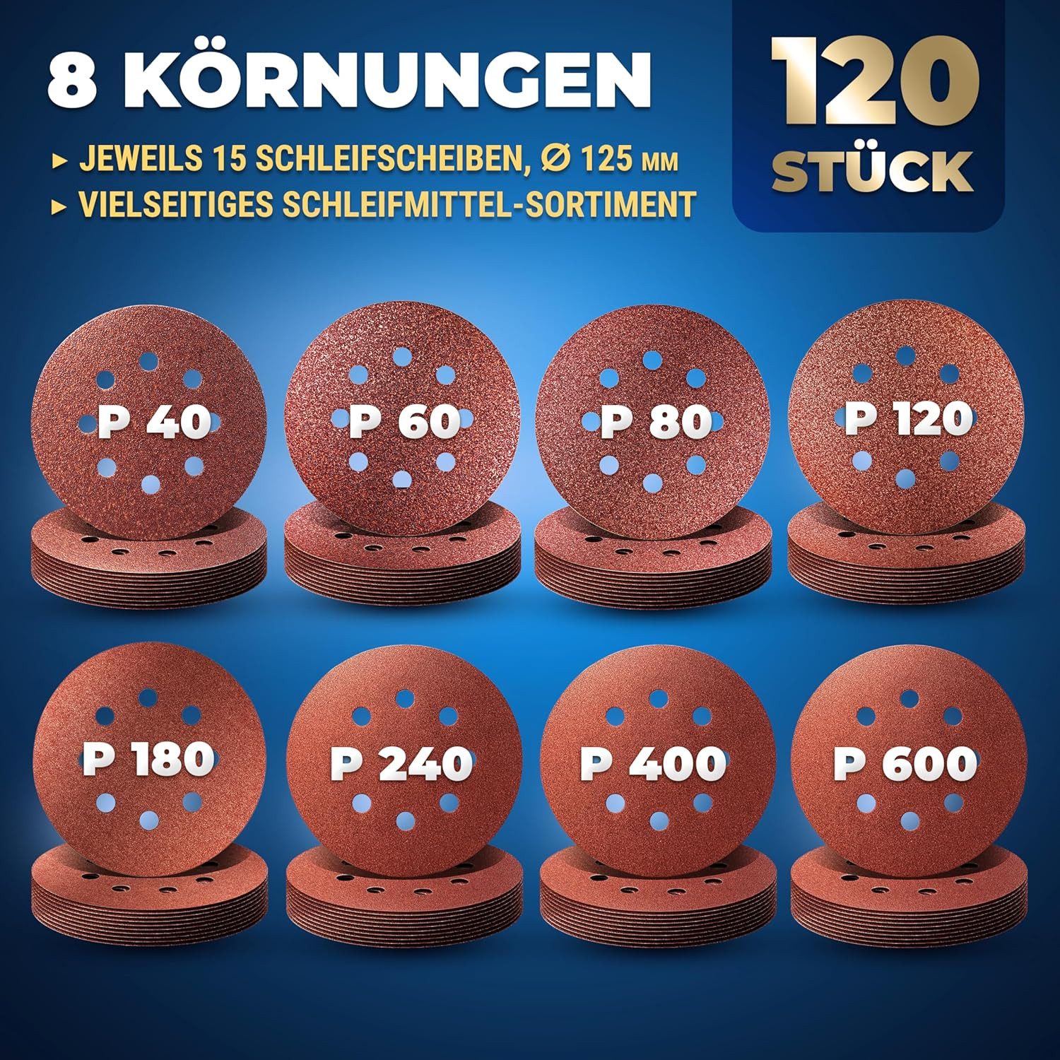 S&R Schleifpapier Klett 125 mm, Meister, 8 Löcher, 120 St Schleifblätter, (Set, 120 St., 120 St. je 15 x P40, P60, P80, P120, P180, P240, P400, P600), Schleifscheiben für Exzenterschleifer, zuverlässige Haftung