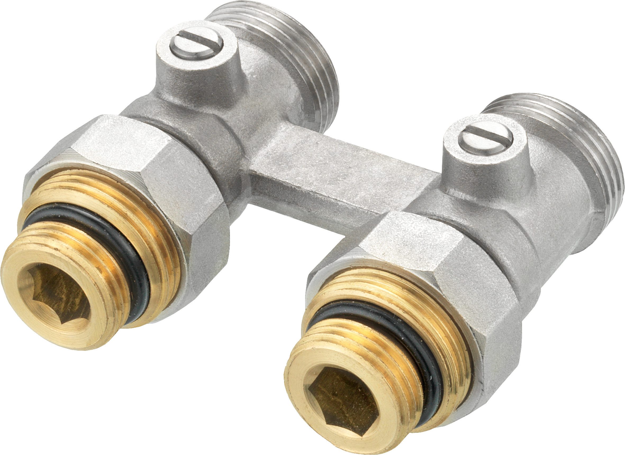 Conmetall Meister Karabiner Hahnblock für Heizkörperventil 1/2" auf 3/4" Messing vernickelt