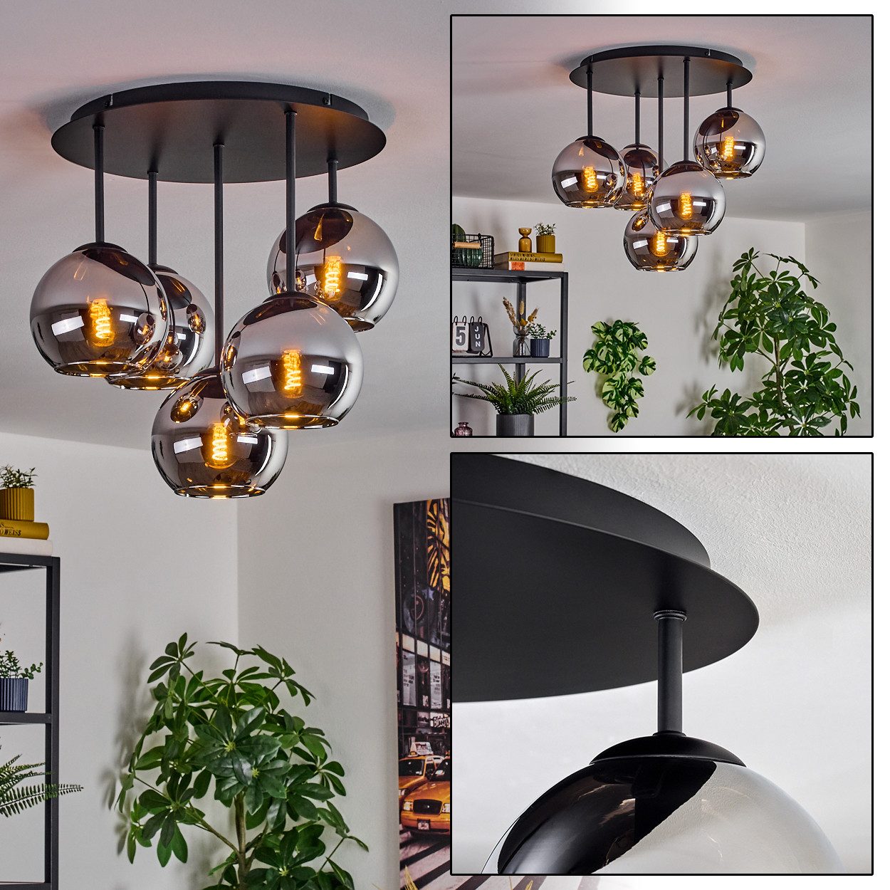 hofstein Deckenleuchte Deckenlampe aus Metall/Glas in Schwarz/Chrom-/Rauchfarben, Deckenleuchte im Retro/Vintage-Design (Schirme Ø 15 cm), 5 x E14