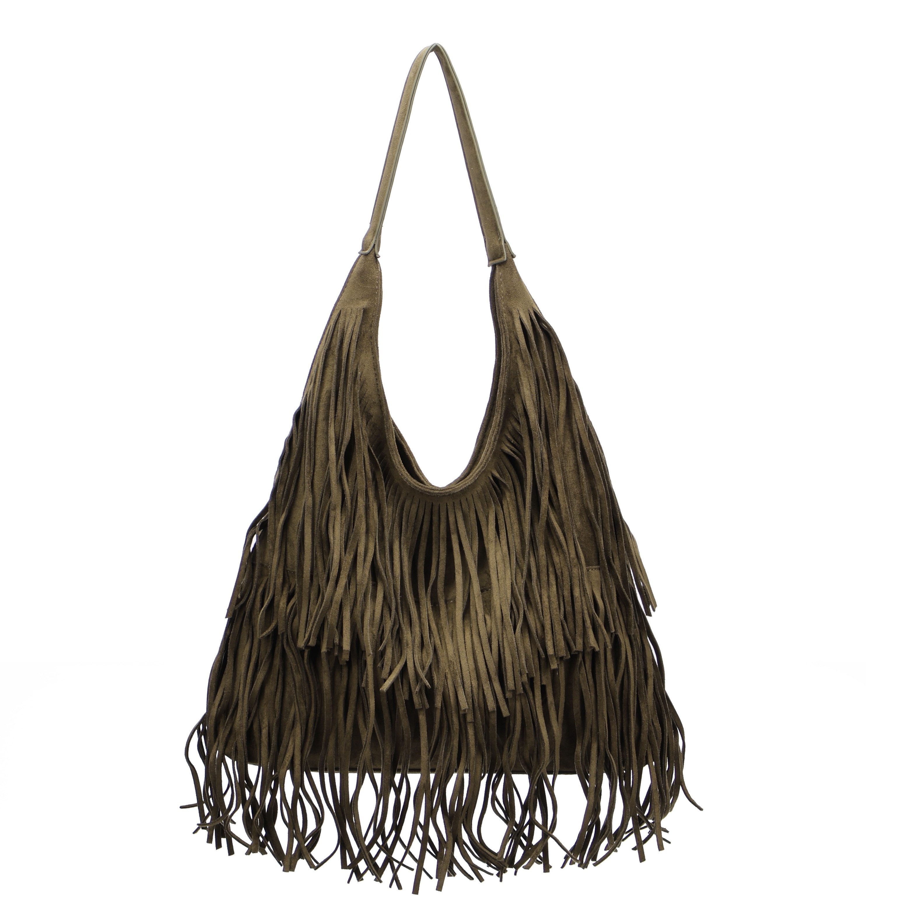 MIRROSI Shopper Damen Fransen Schultertasche Wildleder-Optik aus Polyester (Boho Hobo Bag mit Reißverschluss & Innenfach, ca. 39 x 12 x 33 cm), Neue Kollektion Herbst/Winter 2026