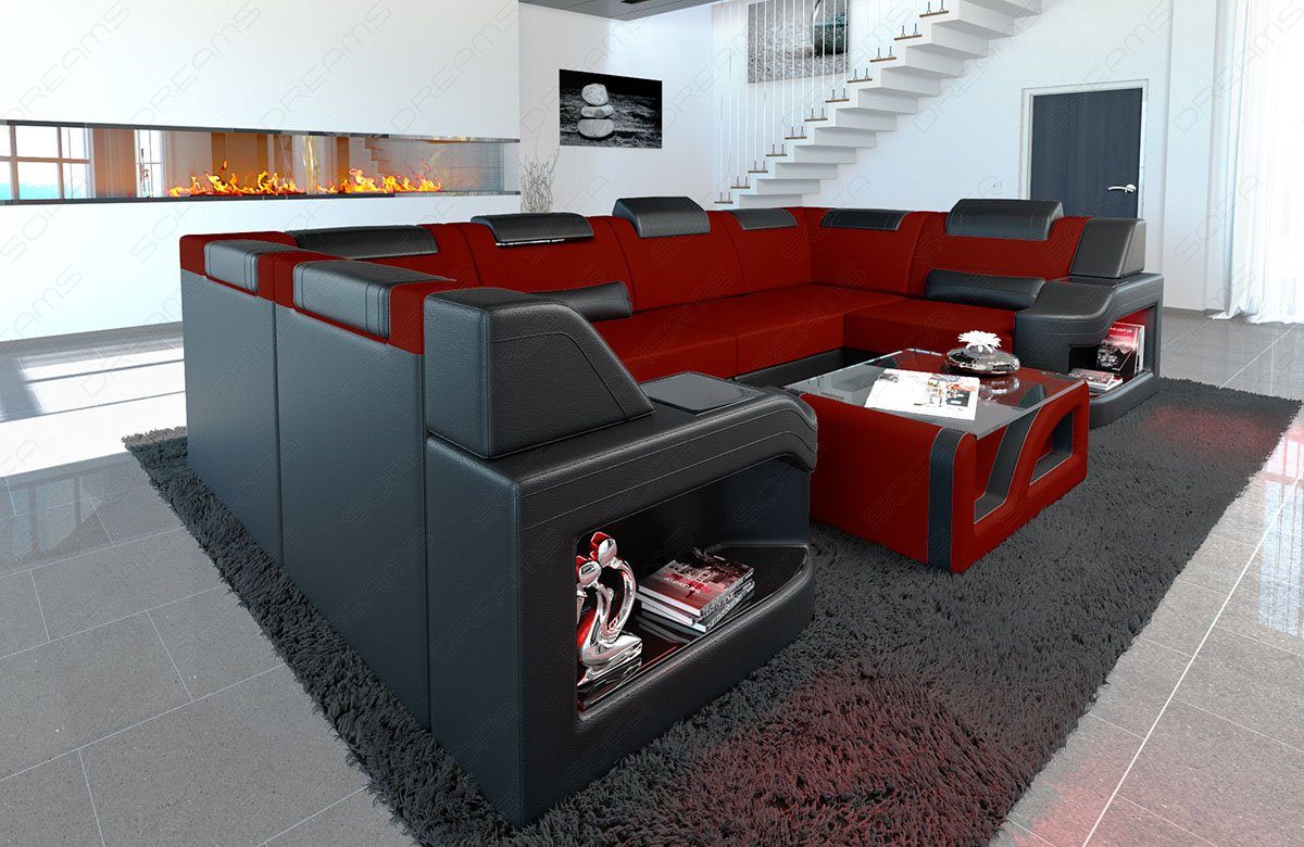 dunkelrot-schwarz mit Padua Stoff Sofa, U M wahlweise Mikrofaser Wohnlandschaft Dreams Bettfunktion Form Sofa Polster Design Couch Stoffsofa