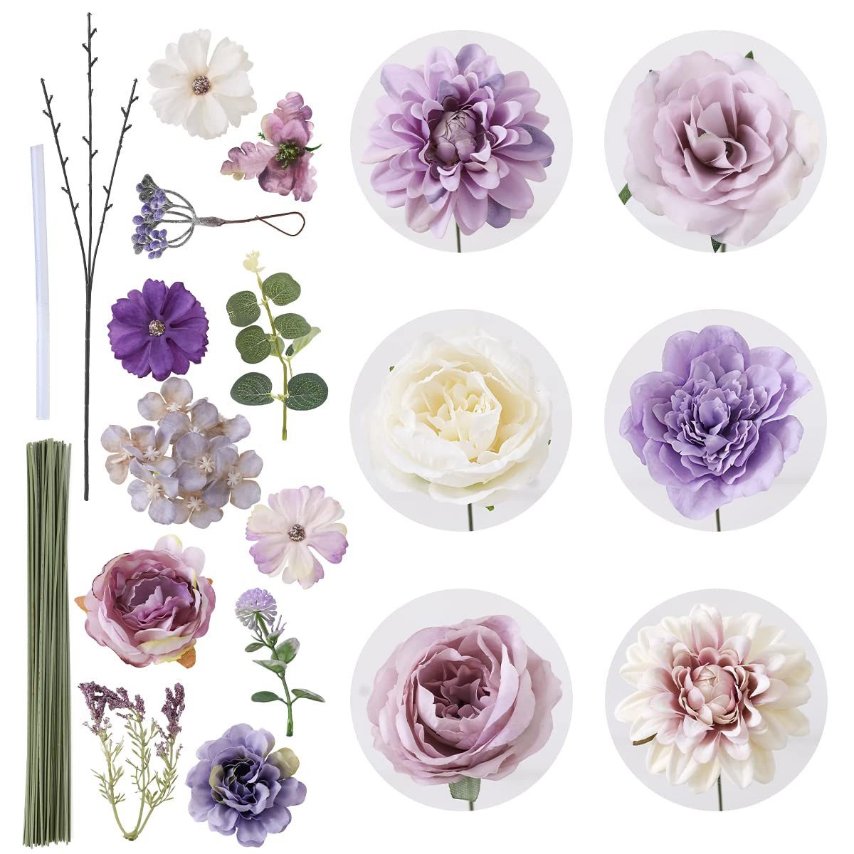Kunstblume Künstliche Blumen Set, Seidenblumen Mix mit Dahlien & Rosen, Diwzbyn, Blumenstiele für DIY, Hochzeiten, Tischdeko & Wohndeko – Bild 4 von 5