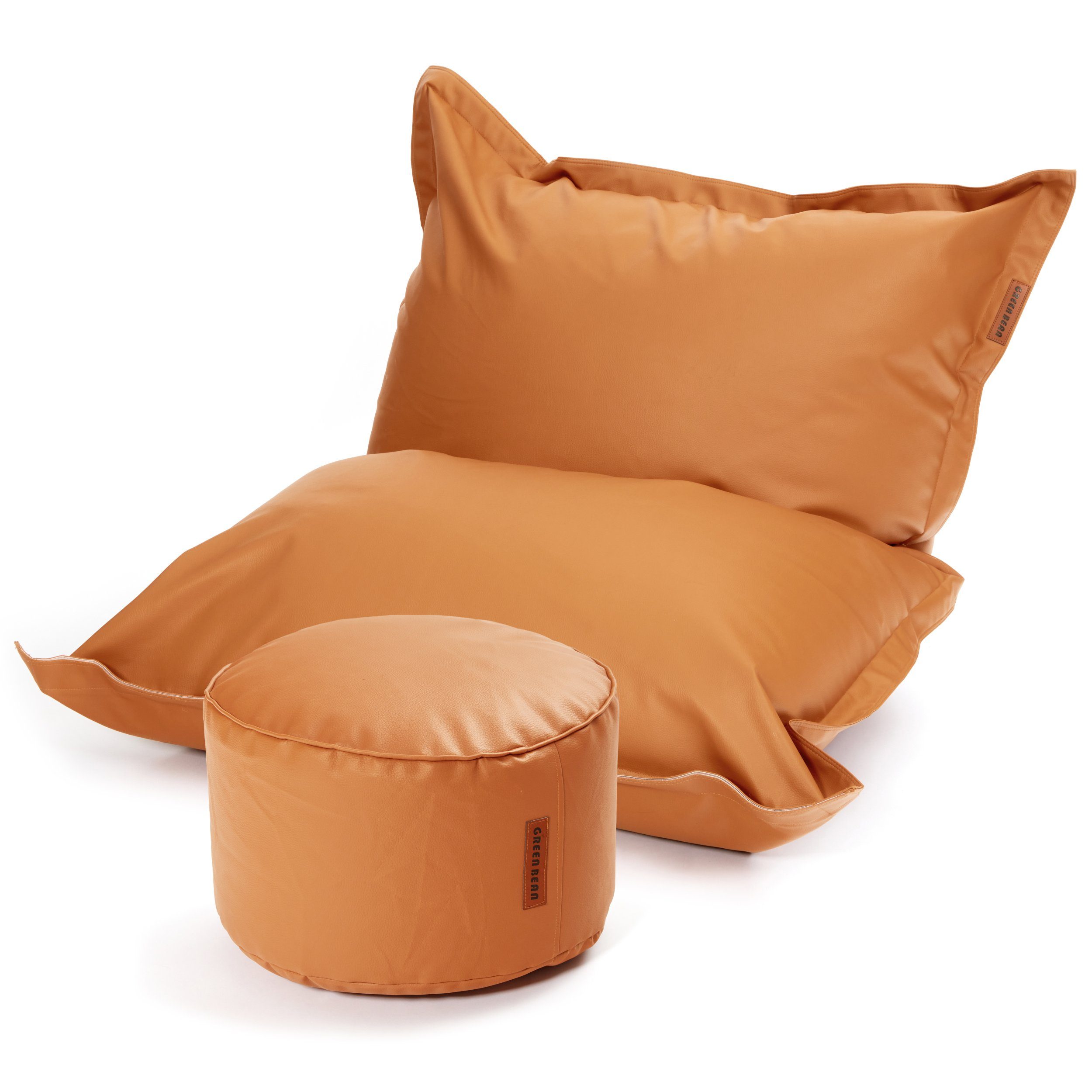 Green Bean Sitzsack XXL inklusive Pouf als Set aus Kunstleder (Indoor & Outdoor, abwaschbarer Bezug, mit), EPS Perlen Füllung ca. 180x140cm - Couch Kissen Riesensitzsack Lounge Stay Cognac | Sitzsäcke