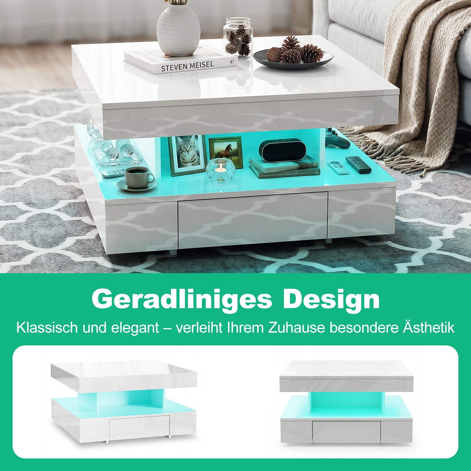 oyajia Couchtisch Wohnzimmertisch Hochglanz mit LED Beleuchtung & Fernsteuerung (Bluetooth-Fernbedienung.App-Steuerung, offenen Fächern,stabil, pflegeleicht, Ho – Bild 4 von 5
