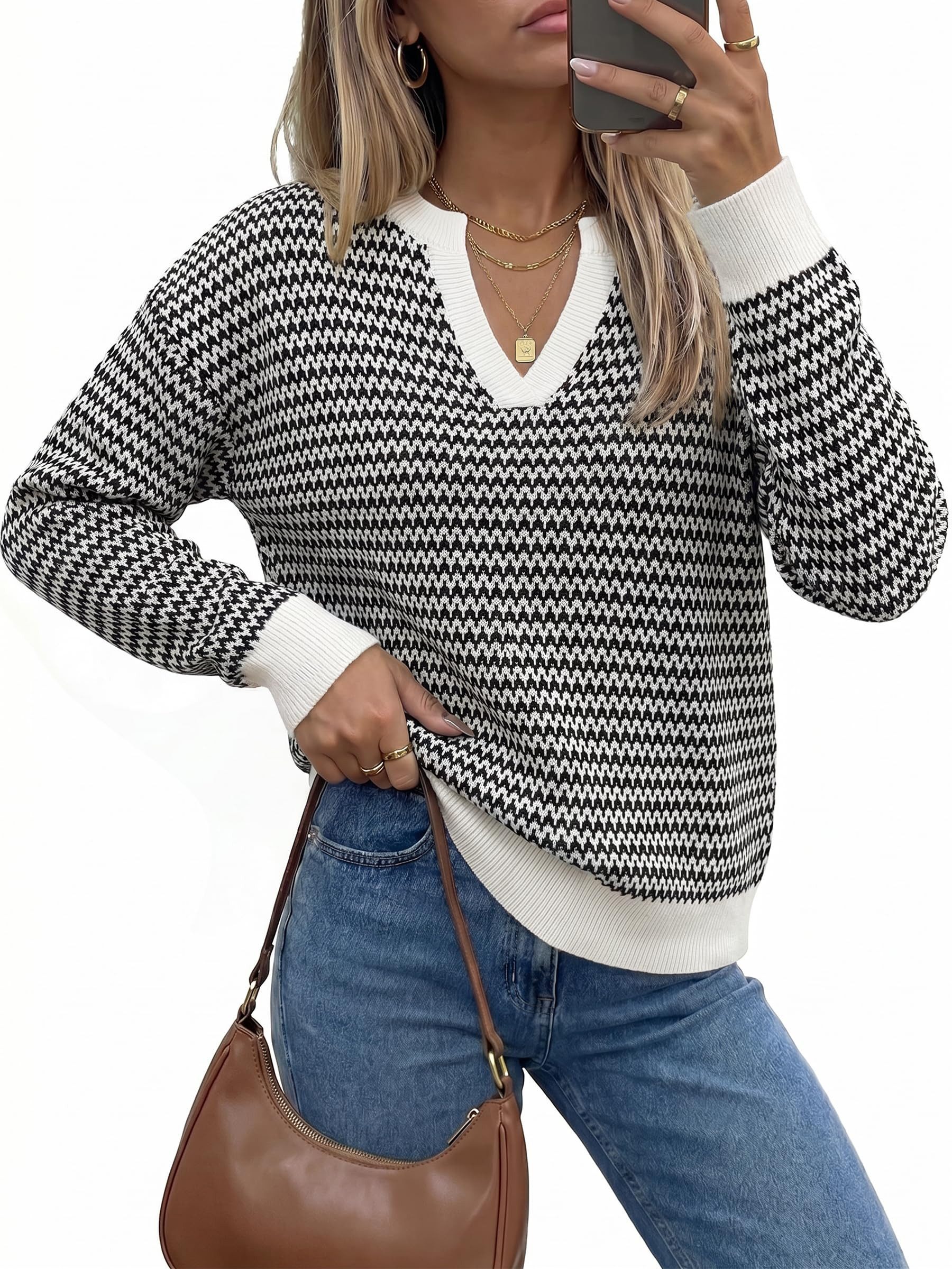 Strickpullover Damenpullover aus 100% Baumwolle, Polo-V-Ausschnitt, Langarm