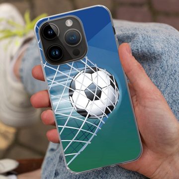 MuchoWow Handyhülle Eine Illustration eines Fußballs im Netz - Jungen - Mädchen - Kinder, Handyhülle Telefonhülle Apple iPhone 14 Pro