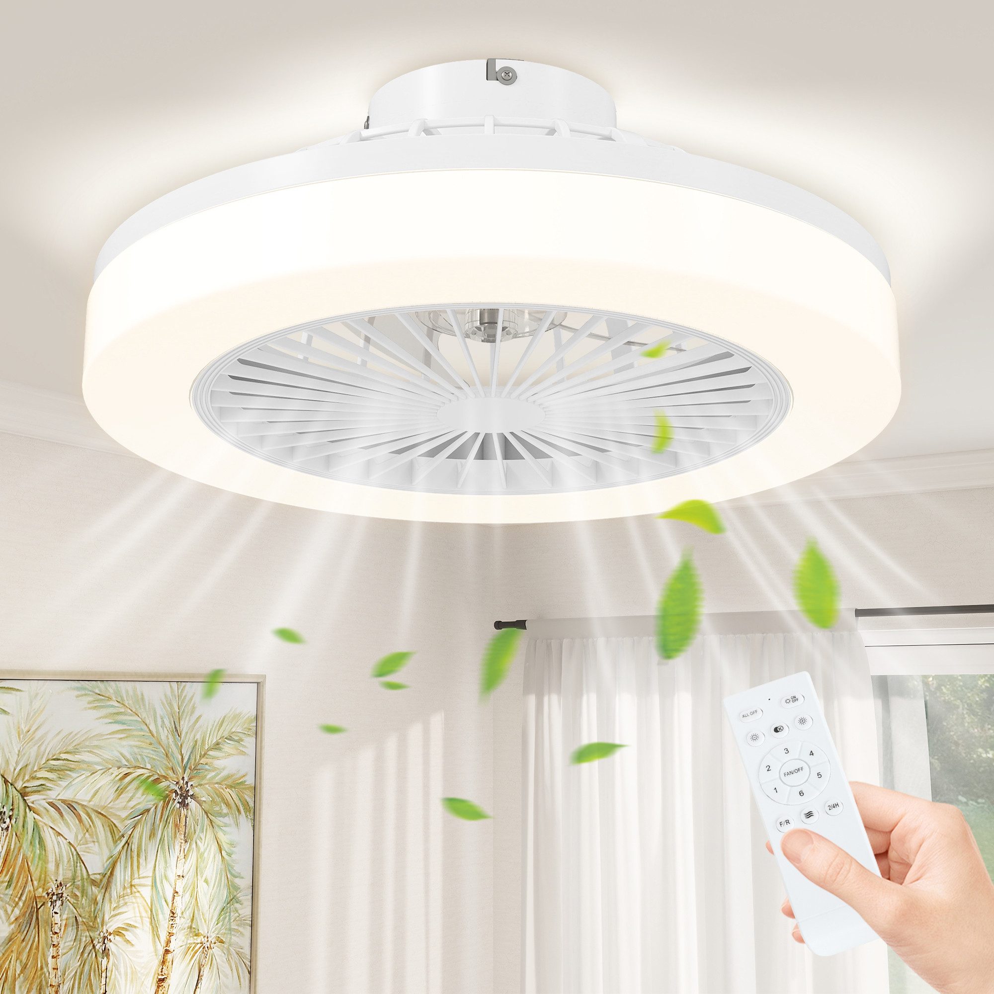HOMCOM Deckenventilator LED Deckenleuchte mit Ventilator, 6 Geschwindigkeiten, Timer, 36 cm Durchmesser, für Schlafzimmer, Wohnzimmer, Weiß
