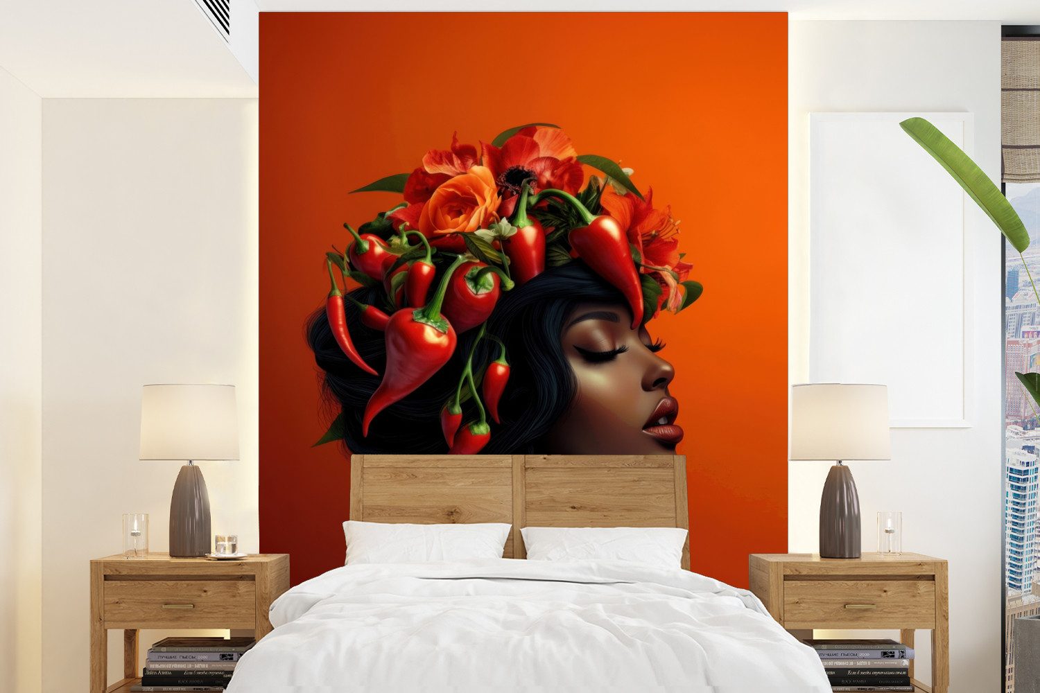 MuchoWow Fototapete Frau - Chilischoten - Blumen, Matt, bedruckt, Wallpaper für Wohnzimmer, Schlafzimmer, Vinyl Tapete, 195x260 cm