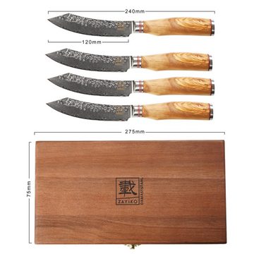 ZAYIKO Steakmesser Minami Damast 4er Steakmesser 12 cm Klingen Olivenholzgriffe Holzbox Hammerschlag auf Klinge