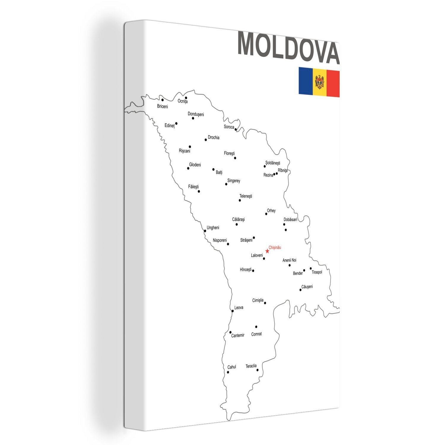 OneMillionCanvasses® Leinwandbild Illustration einer weißen Karte der Republik Moldau mit der Flagge des, (1 St), Leinwandbild fertig bespannt inkl. Zackenaufhänger, Gemälde, 20x30 cm
