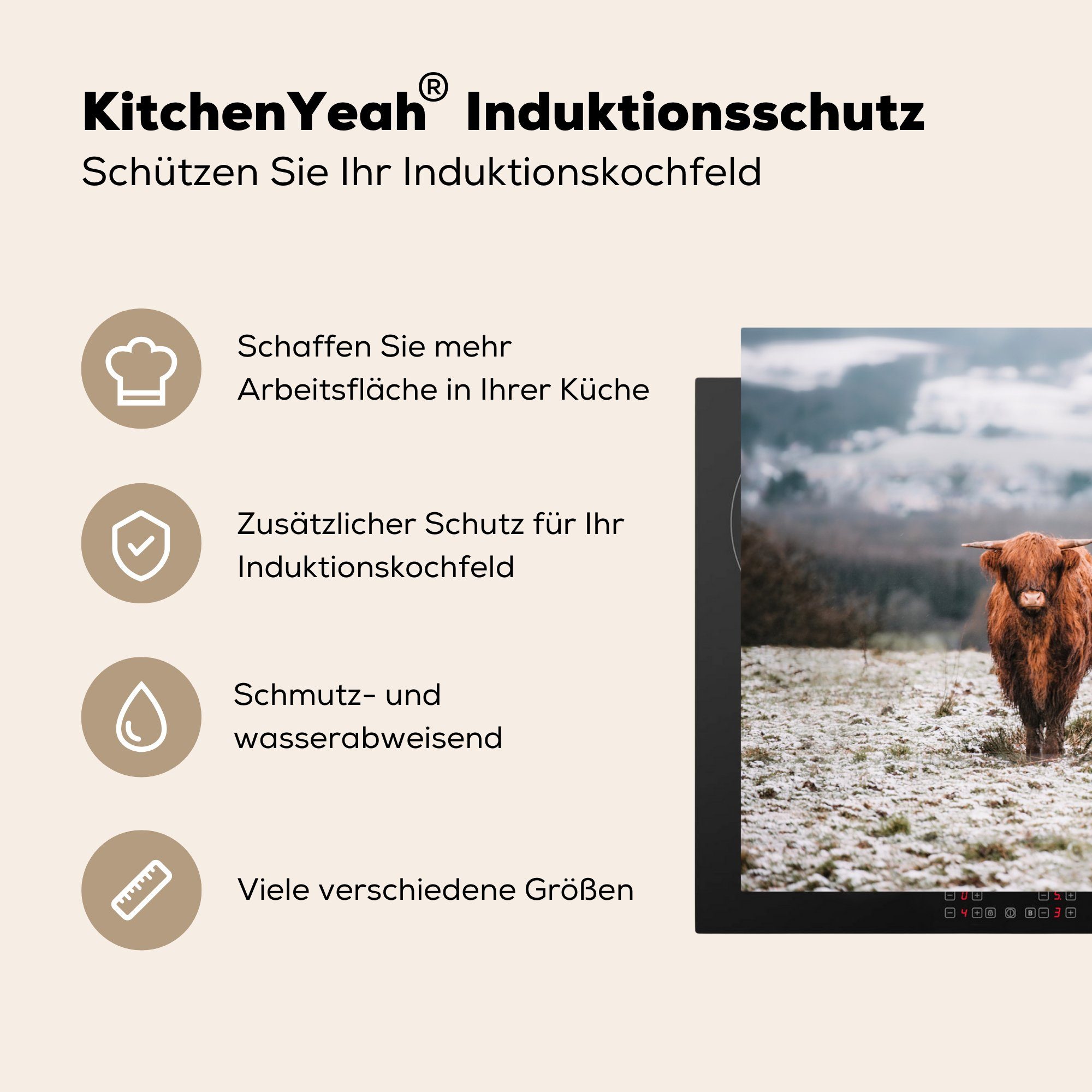 Schottischer Herdblende-/Abdeckplatte Berg, Ceranfeldabdeckung für 81x52 tlg), Highlander Schutz - cm, die Induktionskochfeld Schnee Vinyl, - (1 küche, MuchoWow