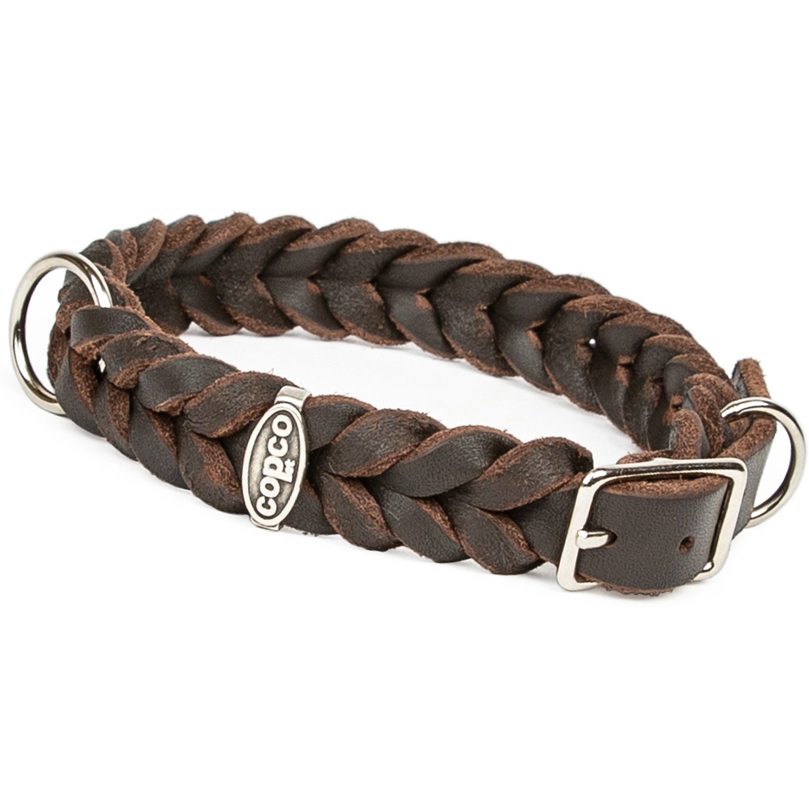 CopcoPet Hunde-Halsband Fettlederhalsband mit Dornschließe verchromt und Messing, Verchromt, Leder, Geflochten, Handarbeit