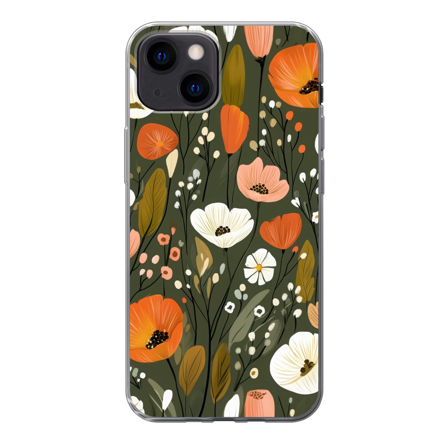 MuchoWow Handyhülle für Apple iPhone 13 mini Blumen - Illustration - Grün, Smartphone-Bumper, Print, Handy Schutzhülle Dünn