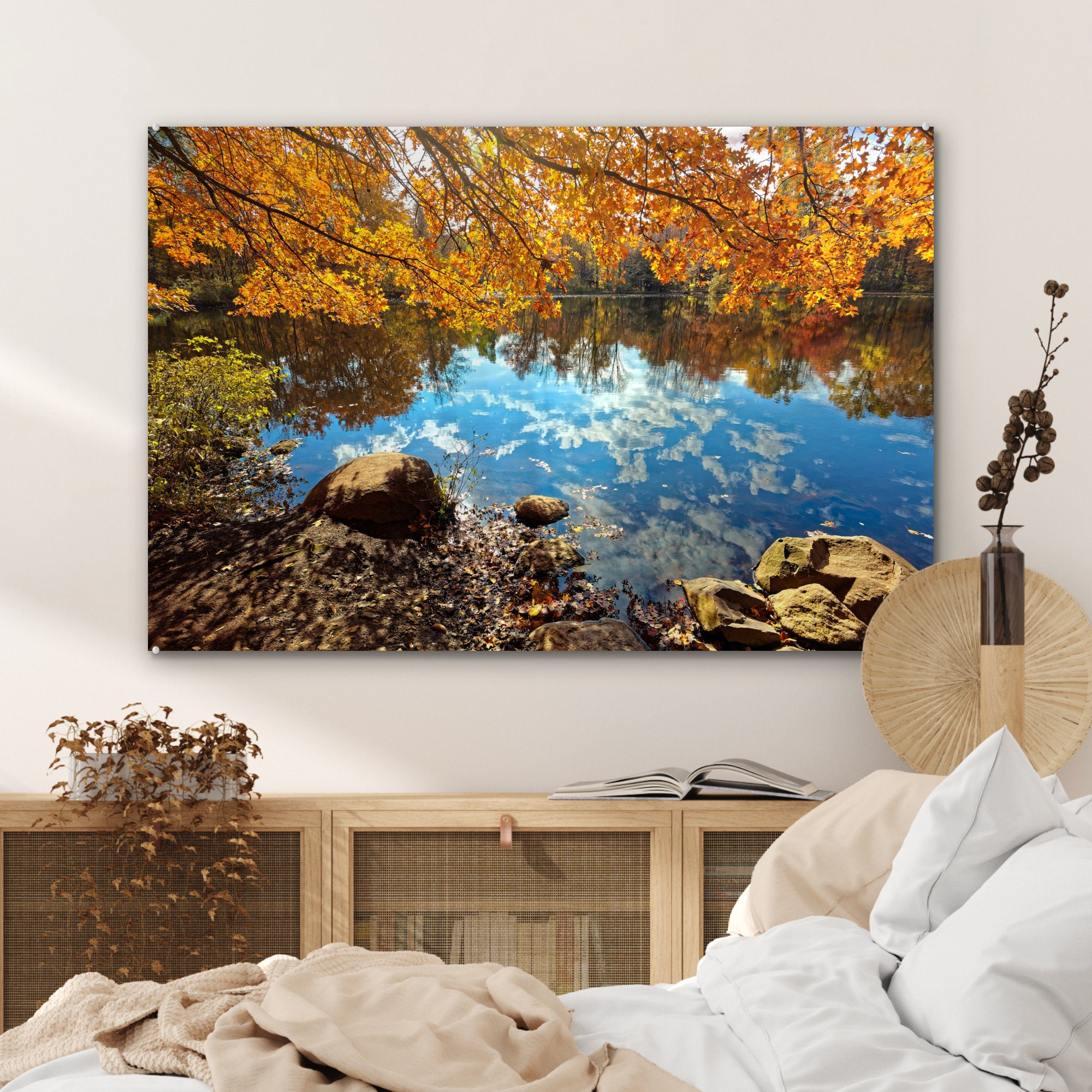 Teich Herbstbäumen St), New Wohnzimmer mit Acrylglasbild & MuchoWow (1 Jersey, Acrylglasbilder in Schlafzimmer