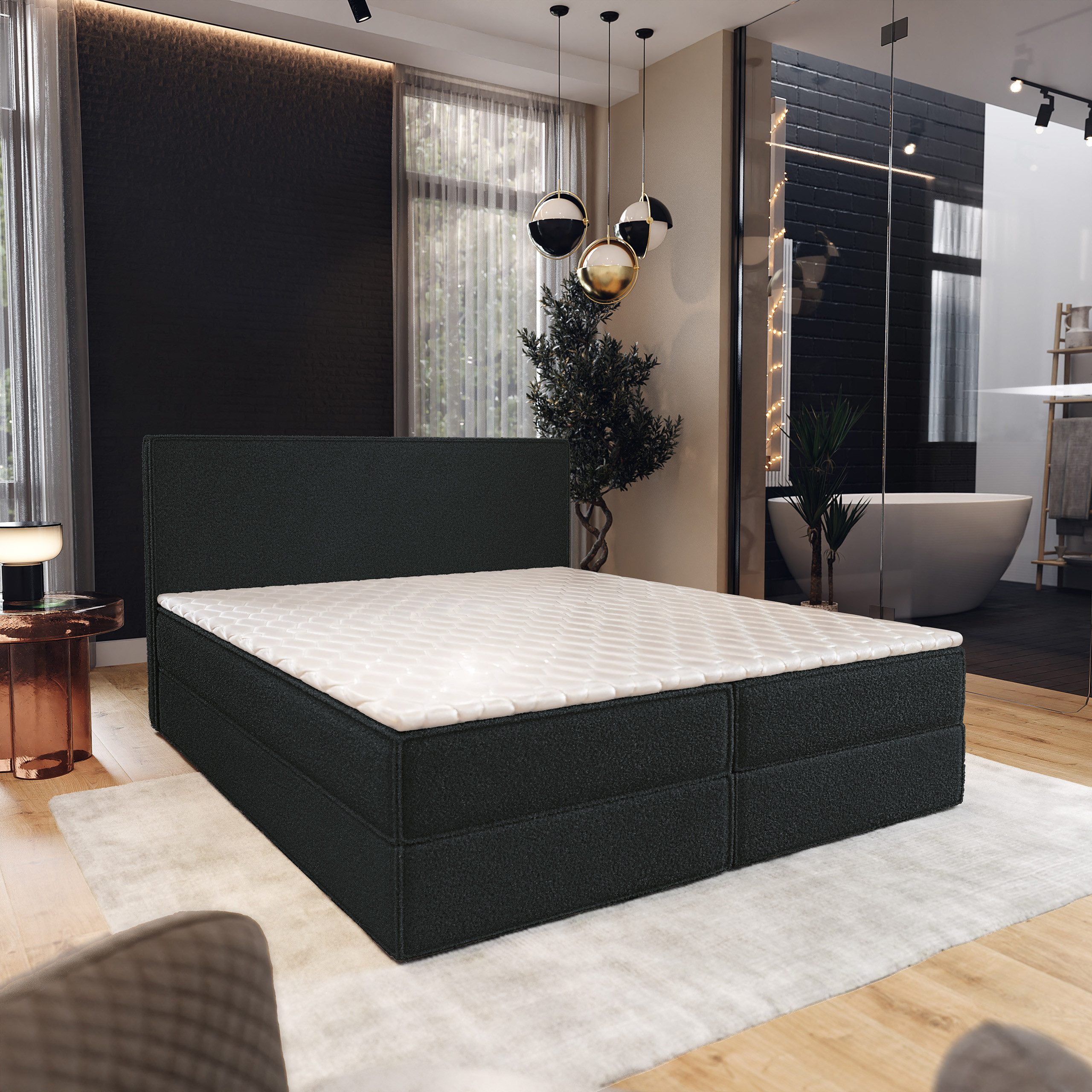 Masseno Boxbett PELLIO 140x200 cm mit Bonell Matratze und Topper, Doppelbett, Polsterbett mit Kopfteil, Boxspringbett