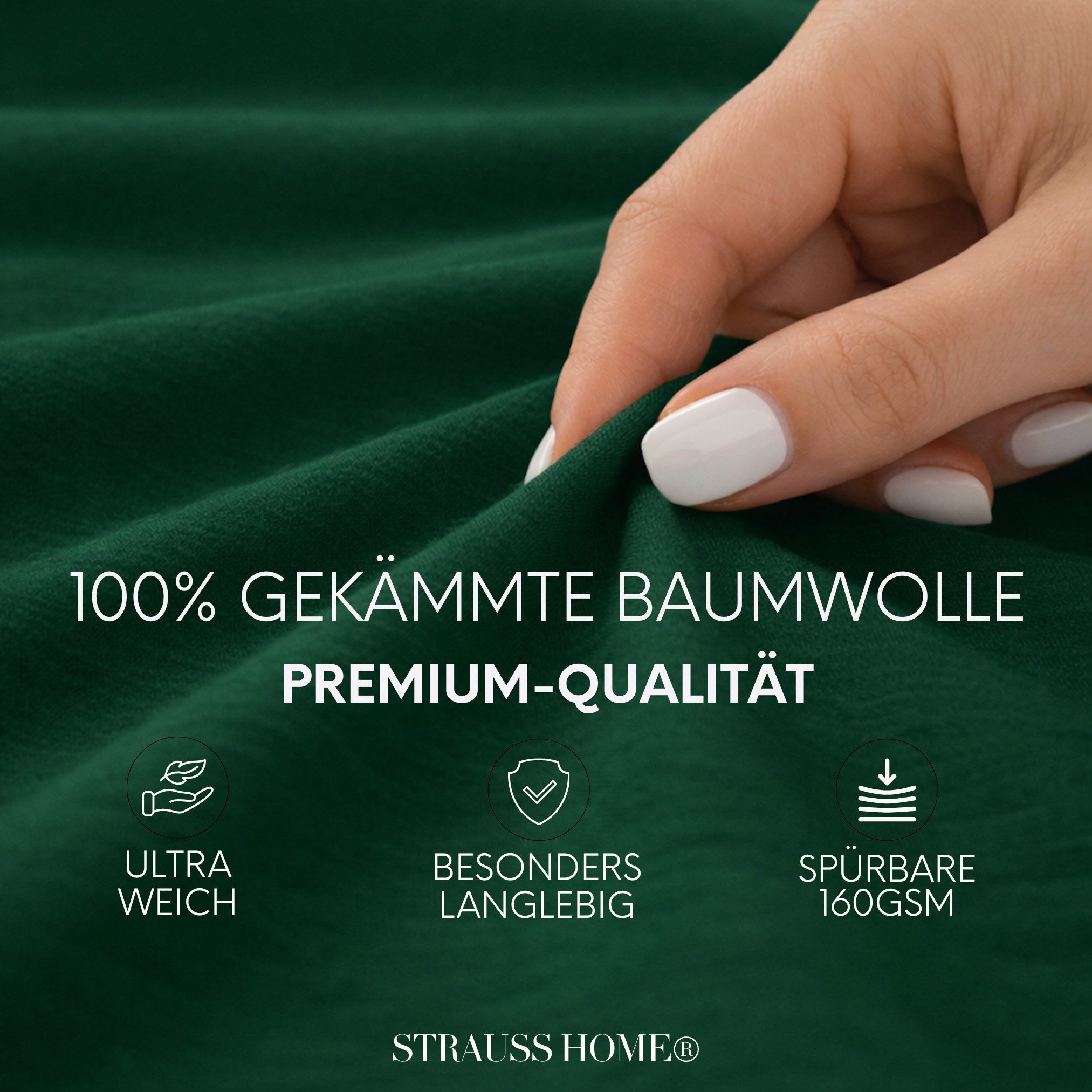 Strauss Home Spannbettlaken Premium 160 g/m² Gekämmte Baumwolle Jersey in Hotelqualität, Gummizug: Rundumgummi, OEKO-TEX®-zertifiziert - Hotelqualität – Formstabil & Langlebig