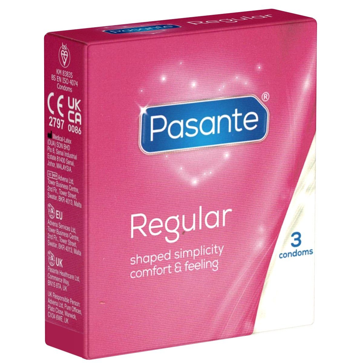 Pasante Kondome Regular (Kondome mit besonders großem Kopfteil) Packung mit, 3 St., anatomische Kondome, Standardkondome mit Comfort-Form, mehr Freiraum für IHN