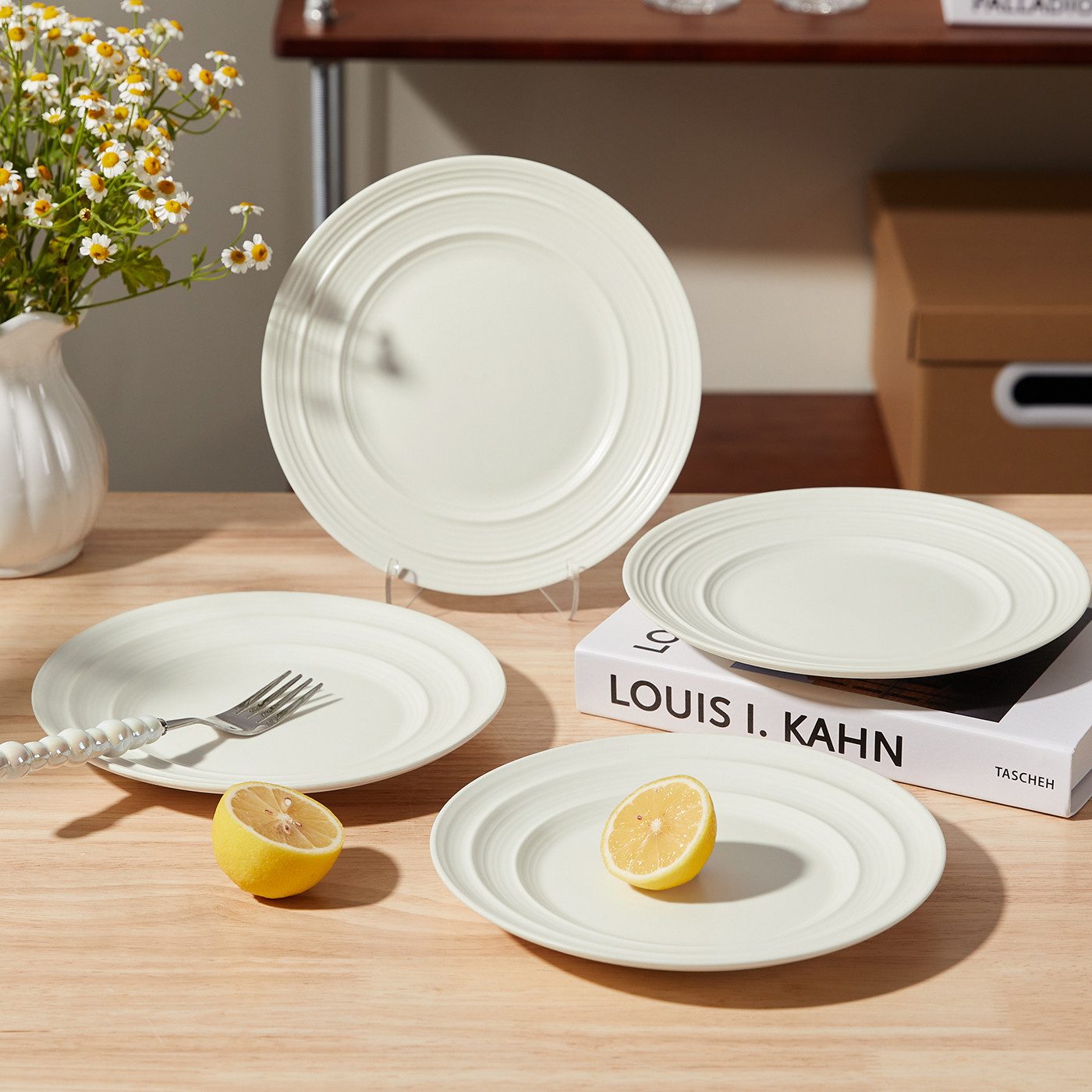 JIWOO Teller 4er Ø21,4cm, Salatteller Frühstücksteller Pastateller Dessertteller, (4 St), Keramik Hochwertiges Tellerset Weiß Mikrowellen spülmaschinenfest