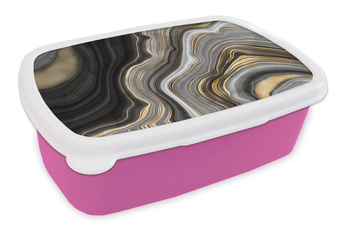 MuchoWow Lunchbox Marmor - Stein - Achat - Schwarz und Gold, Kunststoff, (2-tlg), Brotbox für Erwachsene, Brotdose Kinder, Snackbox, Mädchen, Kunststoff rosa