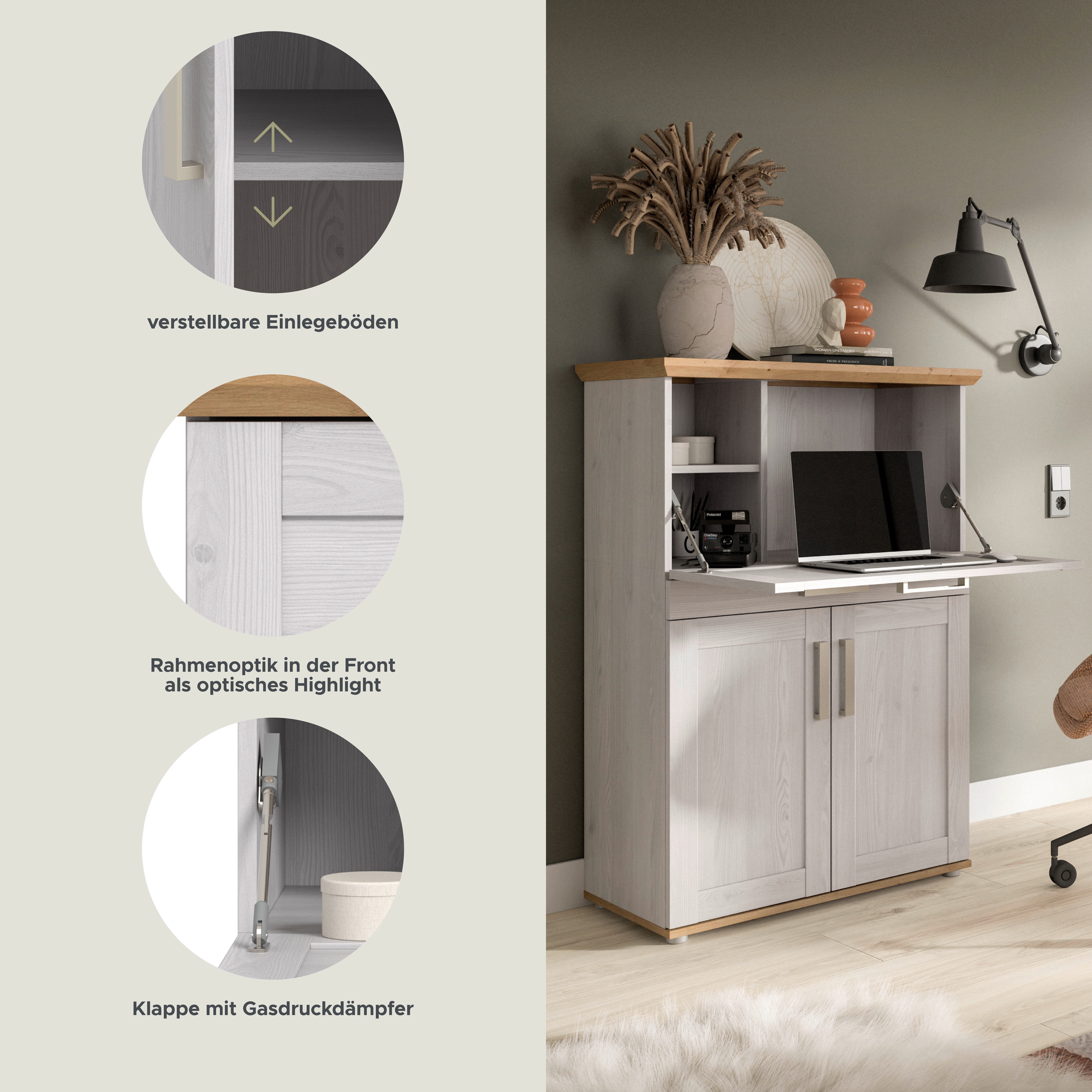 Home affaire Sekretär COSENZA, Höhe 122 cm, 2 Türen, 1 Klappe, 1 Schubkasten, 5 Fächer (in Landhausoptik, mit weiteren Artikel der Serie kombinierbar), Schreibtisch, Home-Office, Kommode, Schrank, Midischrank