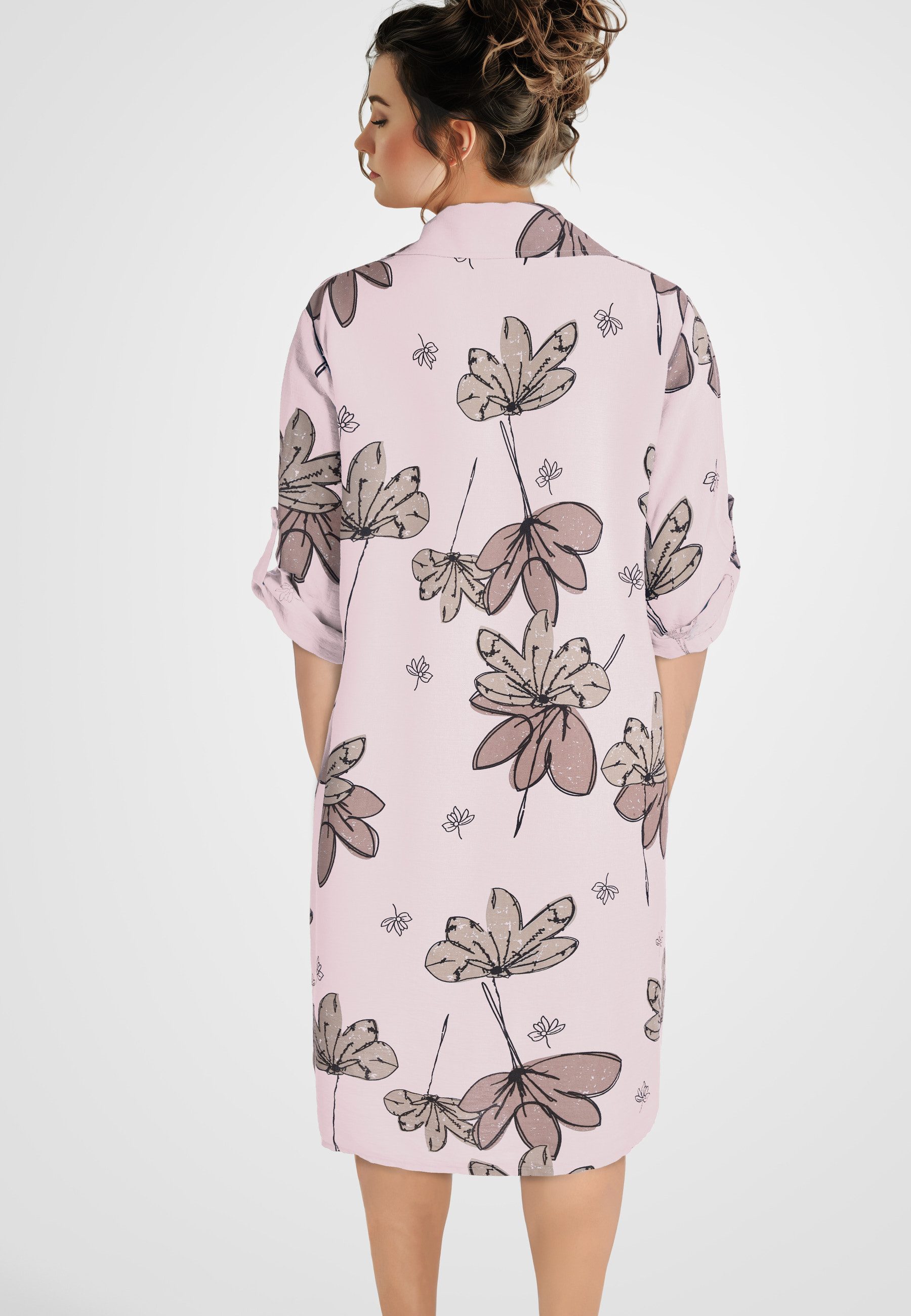 PEKIVESSA Sommerkleid Hemdblusenkleid mit Turn-Up-Ärmel Legerer gerader Schnitt mit Allover-Print