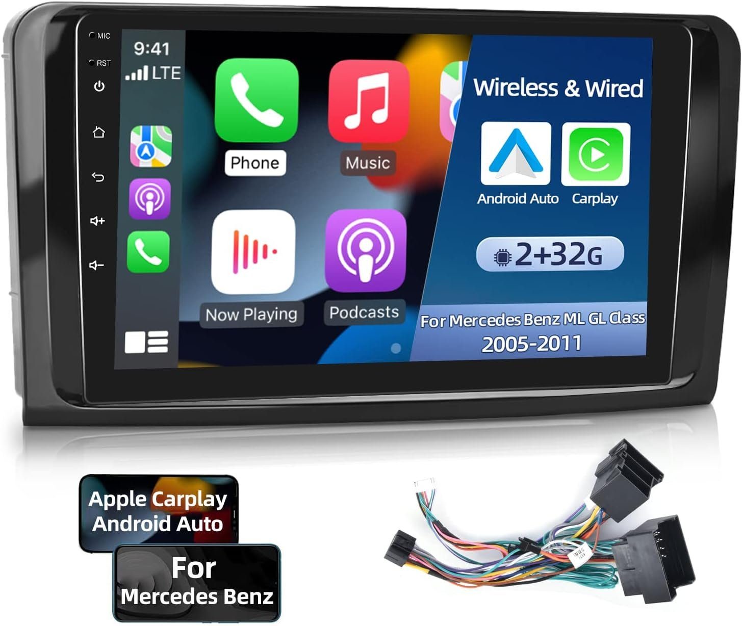 GABITECH 9 zoll Android 13.0 Autoradio Carplay für Mercedes Benz ML und GL 4GB Autoradio (Drahtlos Carplay und Android Auto. 8 Core, 4GB RAM; 64GB ROM)