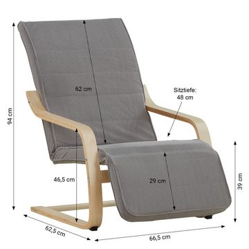 Homestyle4u Relaxsessel Sessel Cord Stoff Grau Fernsehsessel Schaukelstuhl, Bezug abnehmbar, Fußteil verstellbar