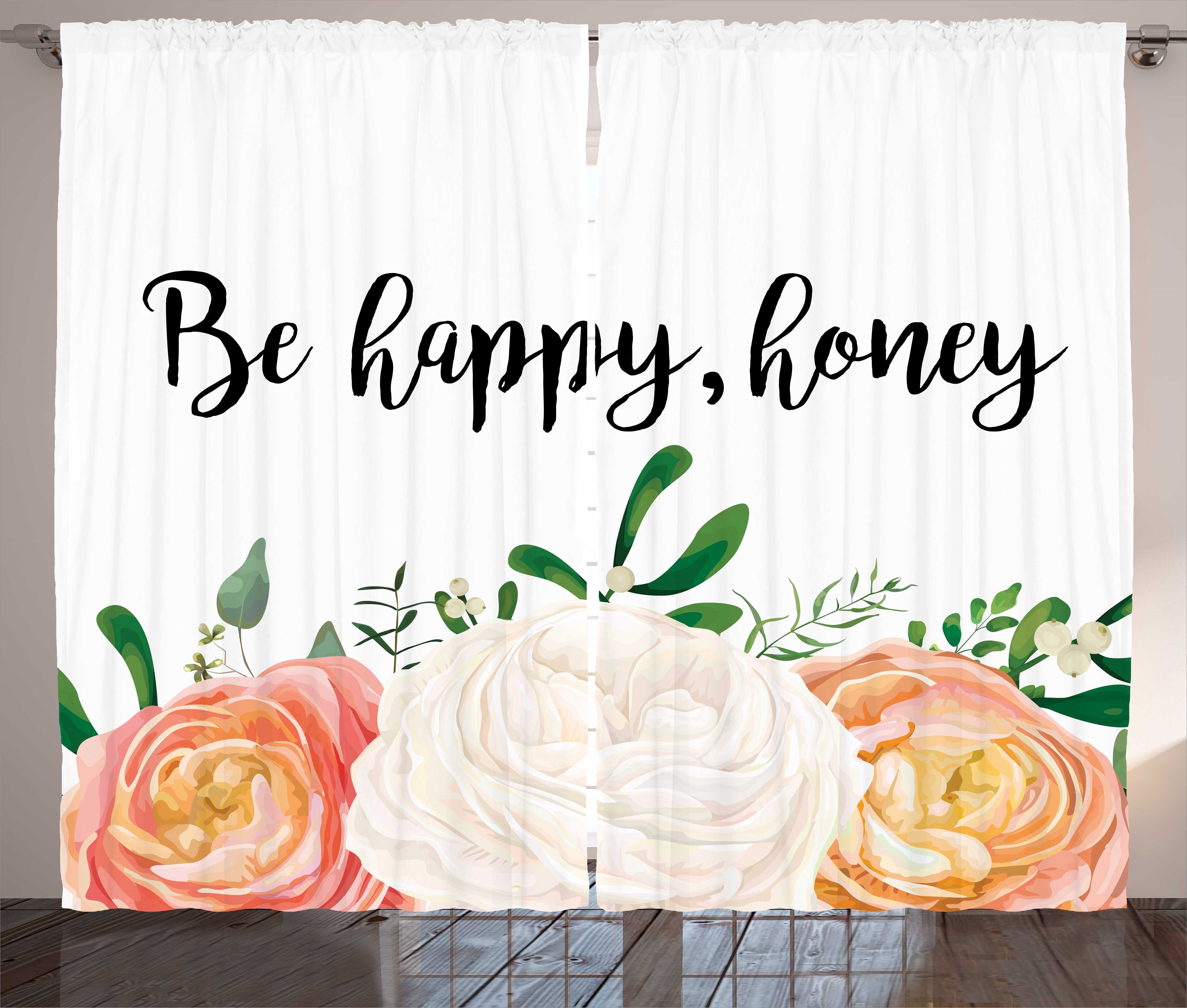 Gardine Schlafzimmer Kräuselband Vorhang mit Schlaufen und Haken, Abakuhaus, Blumen Be Happy Honig-Zeichen und Rose