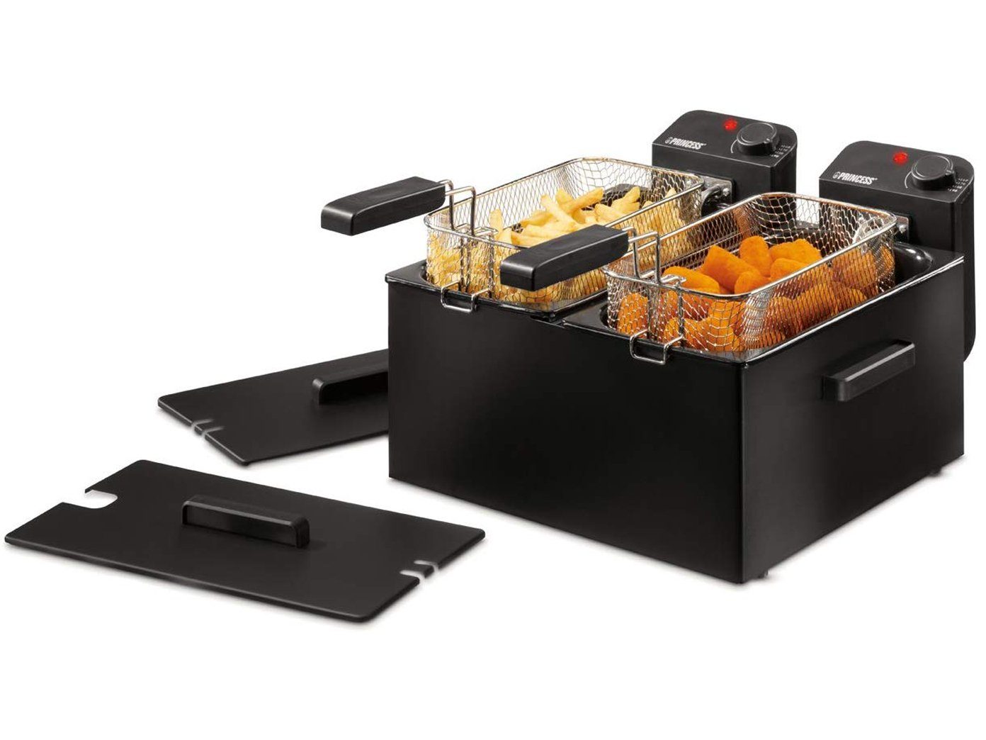 PRINCESS Kaltzonenfritteuse, 3600 W, XXL 2x 3Ltr. Doppel Fritteuse Pommes & Schnitzel mit Fett frittieren