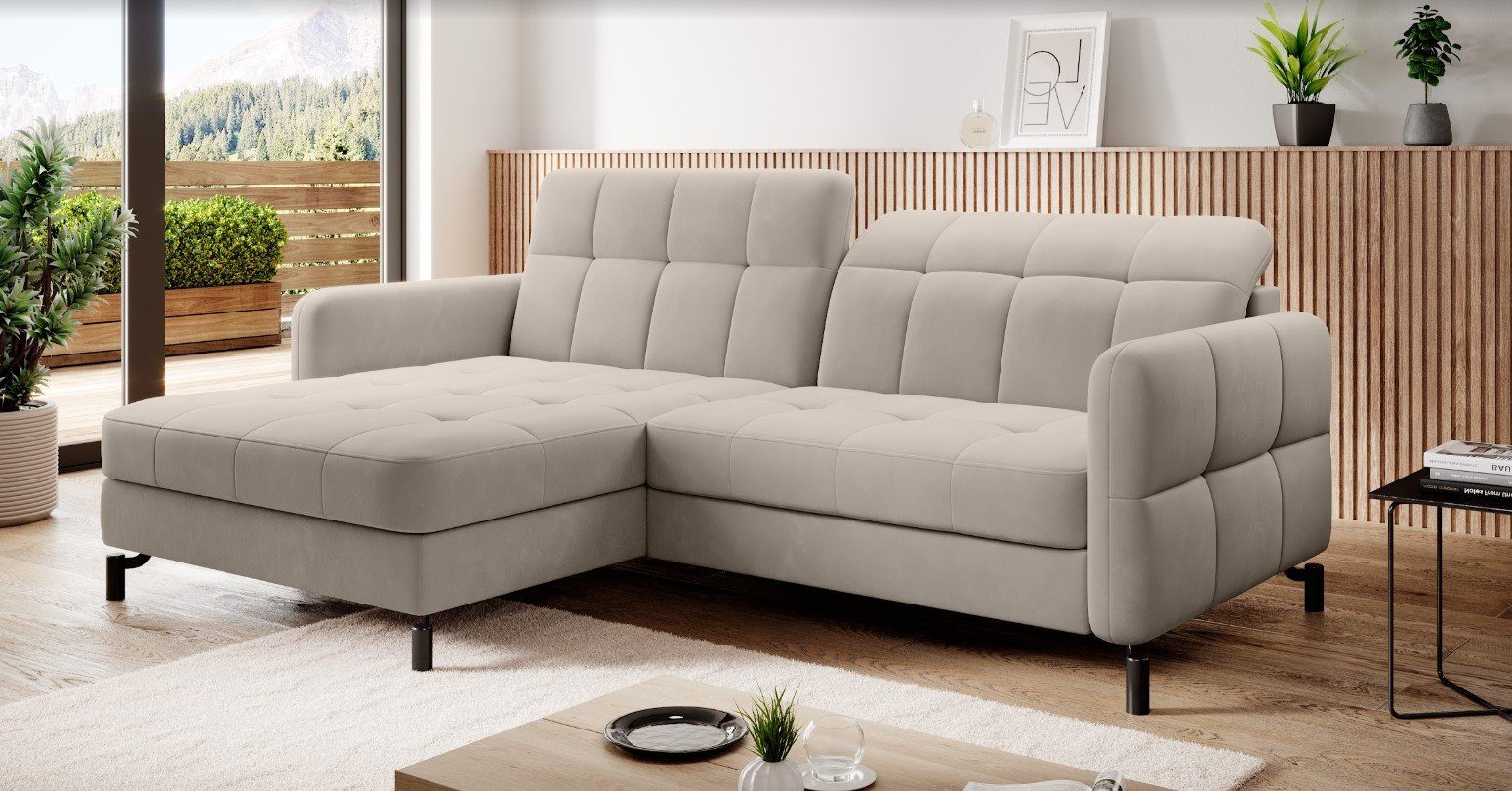 Eltap Ecksofa LORELLE Ausklappbare Couch im Skandinavischen Stil, Schlaffunktion, Bettkasten, verstellbare Kopfstützen