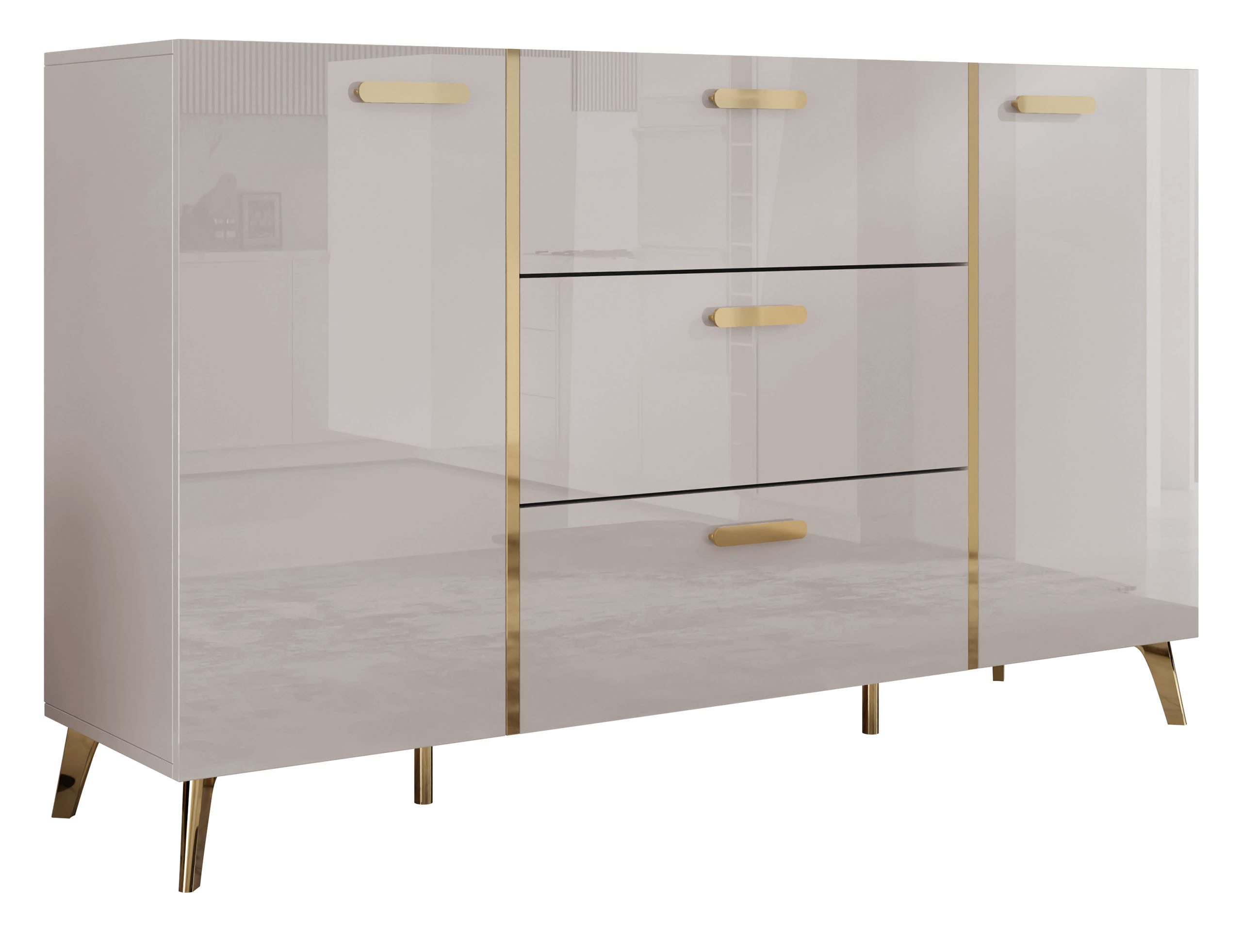 MIRJAN24 Kommode Picru 150 2D3SZ (mit zwei Drehtüren und drei Schubladen), Griffe und Füße in der Farbe Gold