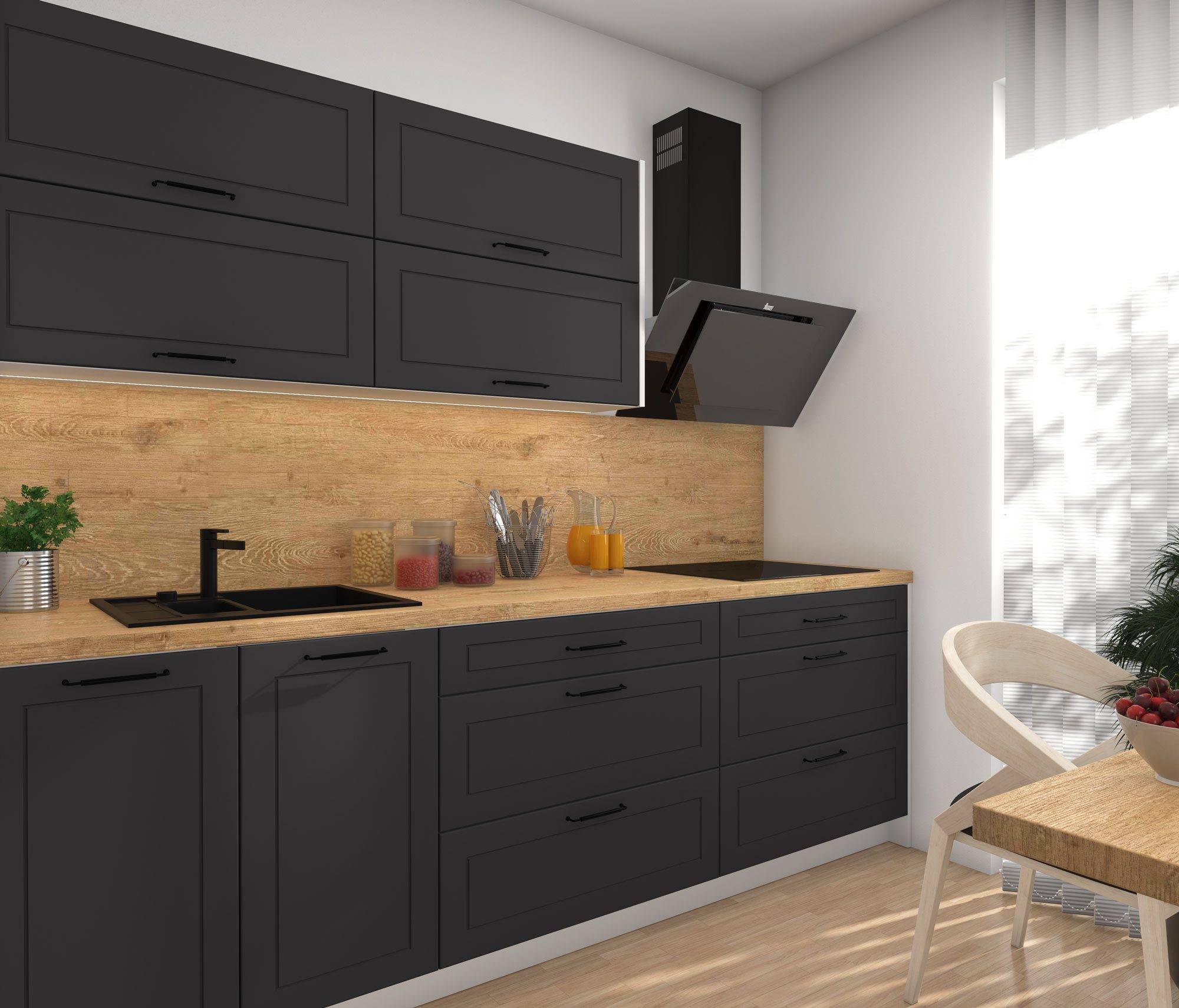 Feldmann-Wohnen Кухниzeile Kvantum, (Klappen mit Gasdruckdämpfer, Hettich InnoTech), 240cm, 7-tlg, Weiß / Graphit Matt - Hettich InnoTech