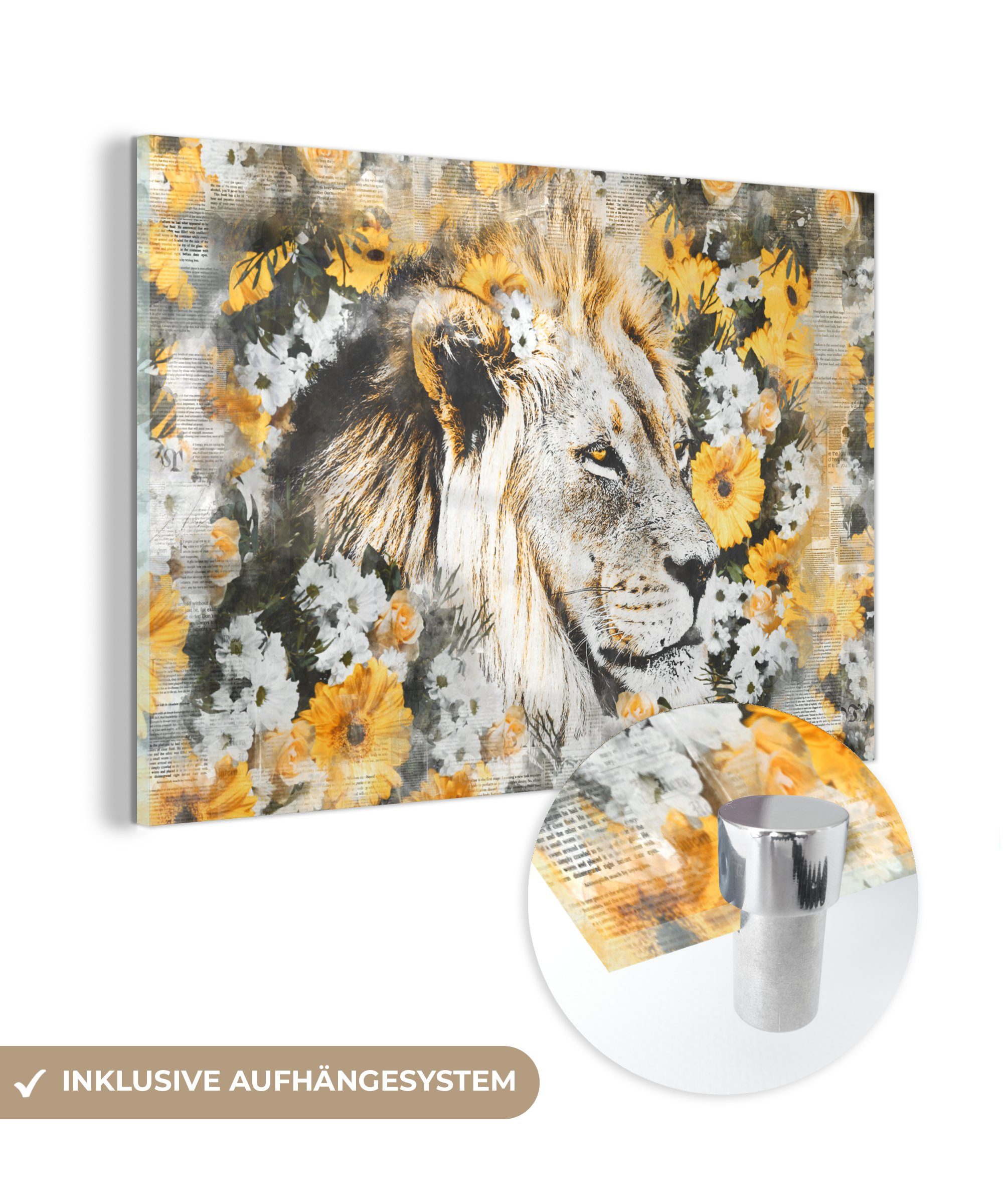 MuchoWow Acrylglasbild Löwe Blumen - auf - Weiß, - - Wanddekoration Schwarz Glas St), (1 auf - Wandbild Bilder - Glasbilder Foto Glas