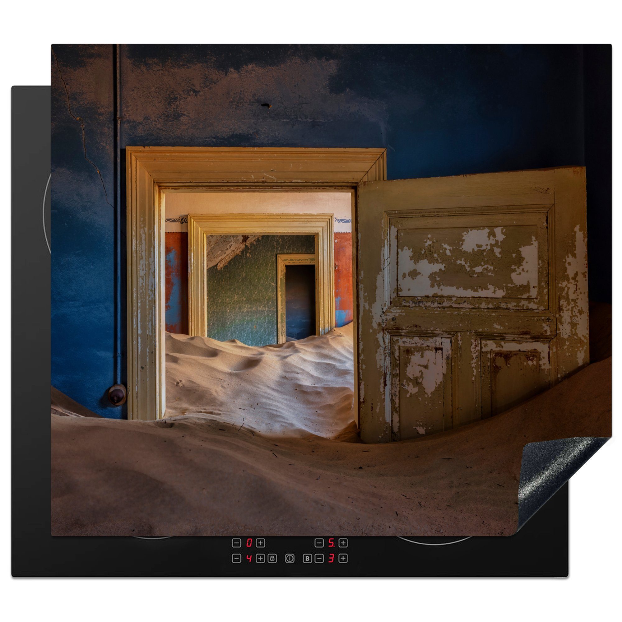 MuchoWow Herdblende-/Abdeckplatte Blau - Tür - Sand - Wüste, Vinyl, (1 tlg), 60x52 cm, Mobile Arbeitsfläche nutzbar, Ceranfeldabdeckung