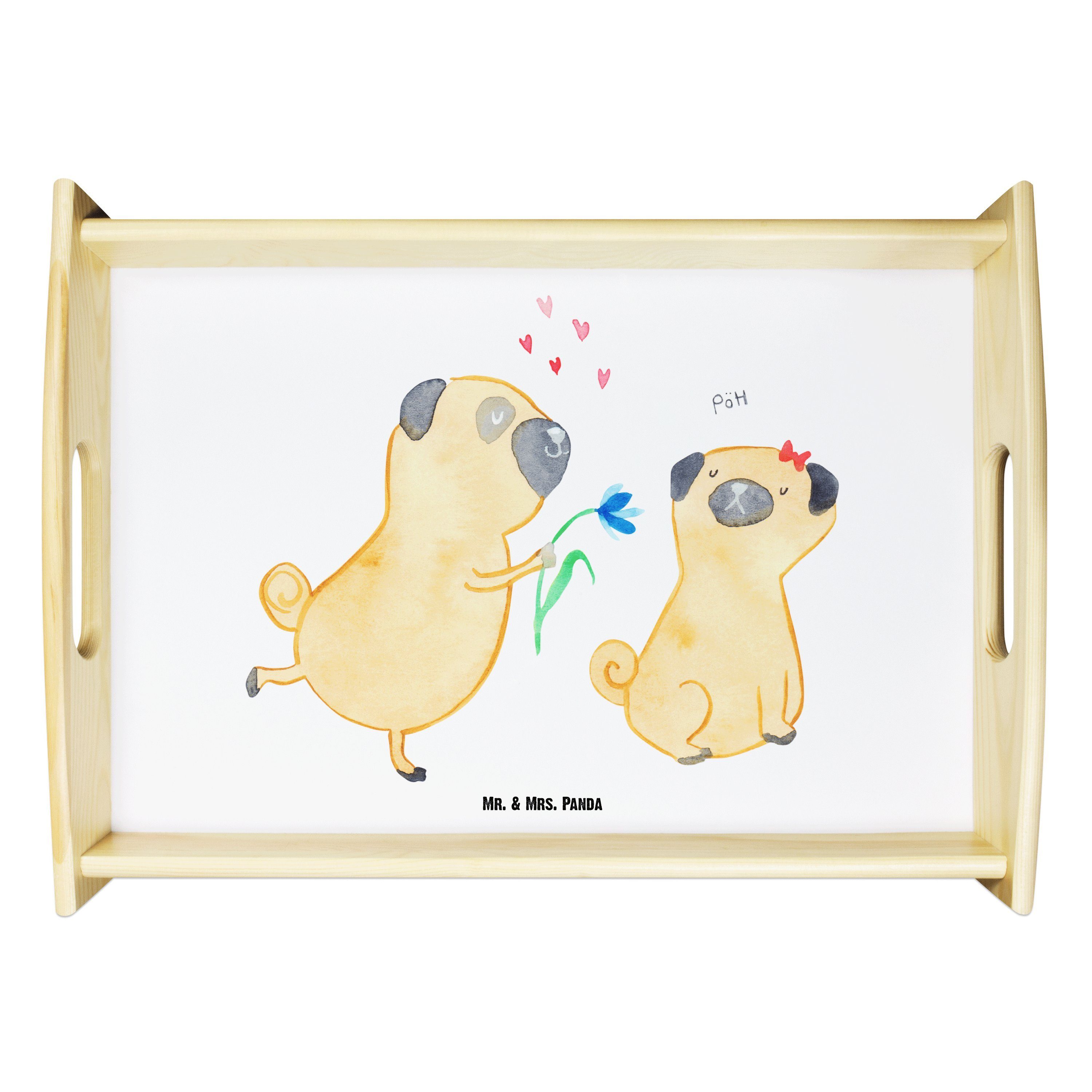 Mr. & Mrs. Panda Tablett Mops verliebt - Weiß - Geschenk, Hundeliebe, Küchentablett, Tablett, Echtholz lasiert, (1-tlg)