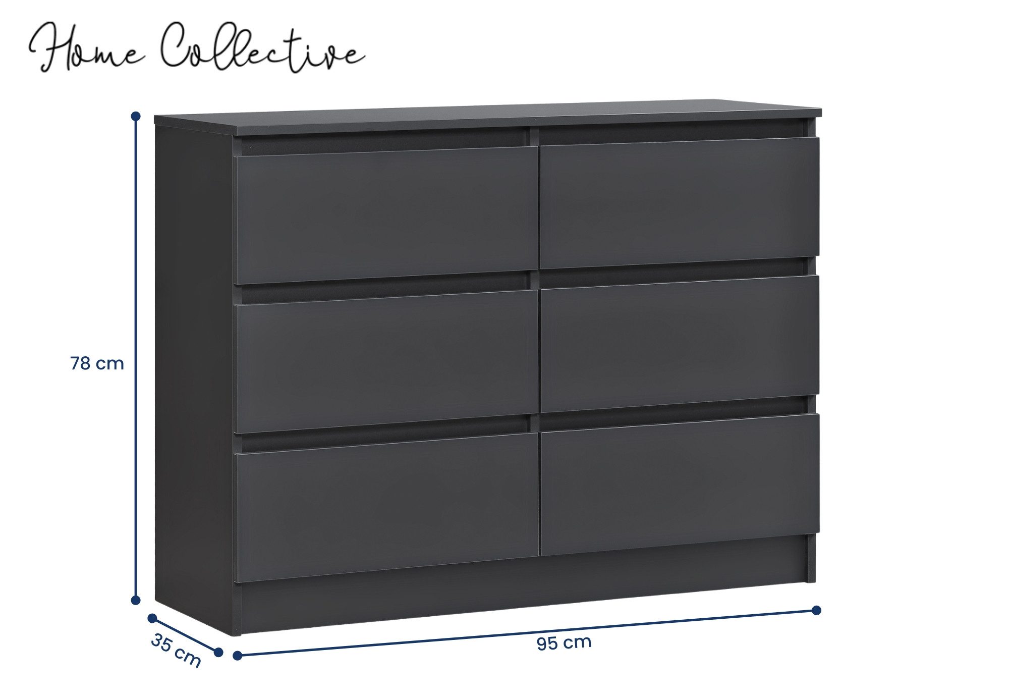 Home Collective Kommode mit 6 Schubladen 95, 120, 140 cm breit Holz Schrank (Highboard Anrichte Schlafzimmer Wohnzimmer Flur Büro Organizer), Kommode 95 cm breit Kommode Sideboard, Anthrazit