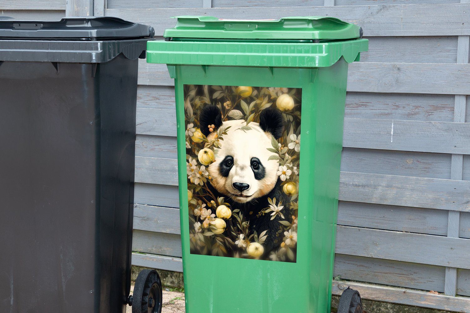 Sticker, Pandabär Container, Wildtiere - St), MuchoWow Wandsticker (1 - Panda Mülltonne, Mülleimer-aufkleber, Blumen - Abfalbehälter