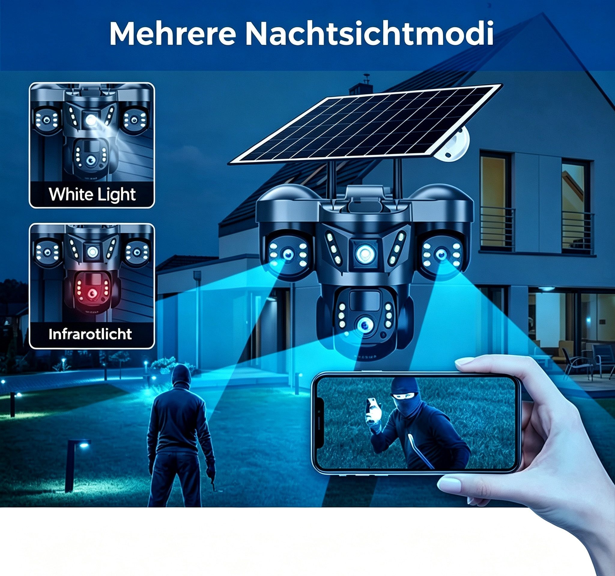 ANTCOOL Überwachungskamera Solar Überwachungskamera 3‑Objektiv WLAN PTZ 360° Nachtsicht Außen – Bild 4 von 5