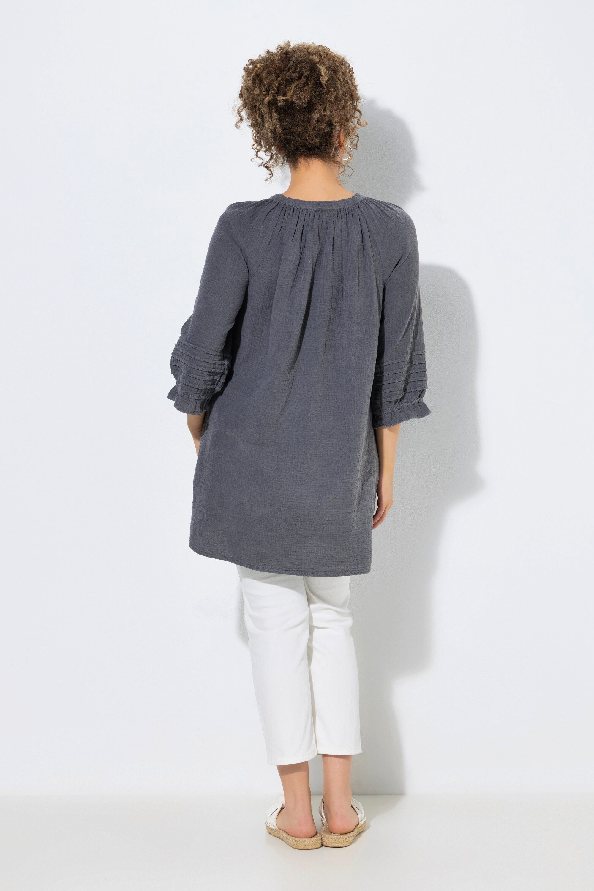 Ulla Popken Tunika Musselin-Bluse Biesen A-Linie V-Ausschnitt 3/4-Arm