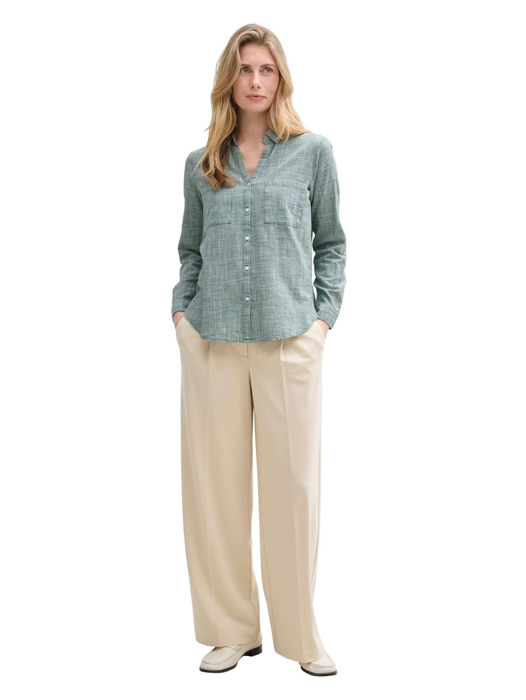 TOM TAILOR Blusenshirt Langarm BLOUSE WITH SLUB STRUCTURE für Baumwolle Regular Fit Kentkragen Langarm kariert Knöpfe
