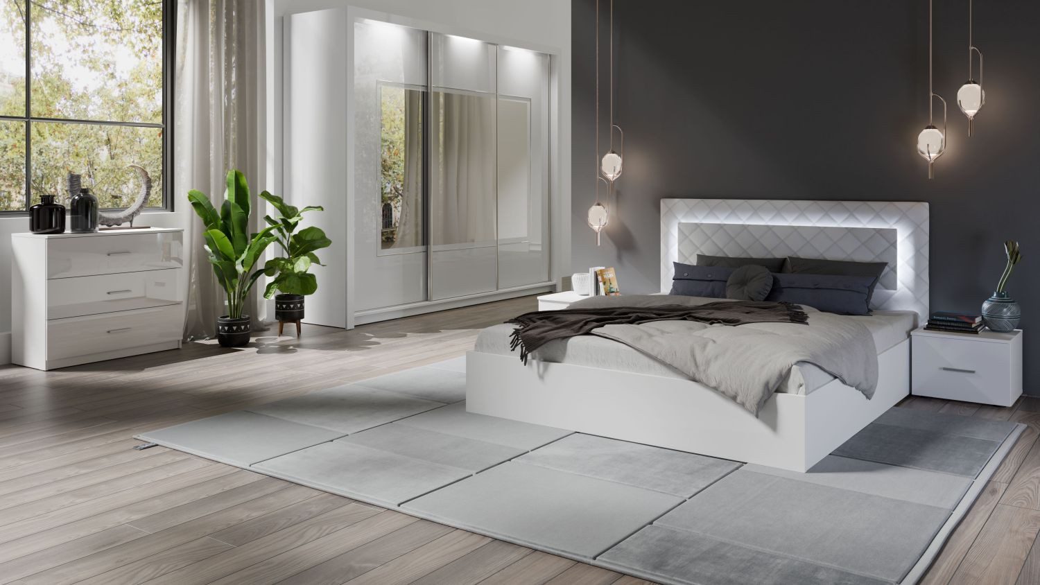 Lukas Möbel Komplettschlafzimmer Schlafzimmer Komplett Panarea in Hochglanz Weiß mit LED, Hochglanz weiß, mit Lattenrost, mit Bettkasten, mit LED – Bild 5 von 5