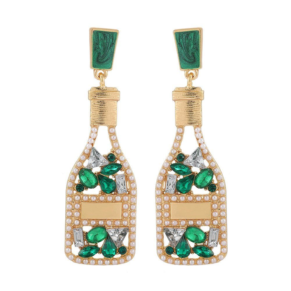 Invanter Paar Ohrstecker Legierungs-Weinflaschen-Ohrringe, hohle Strassperlen für Frauen grün