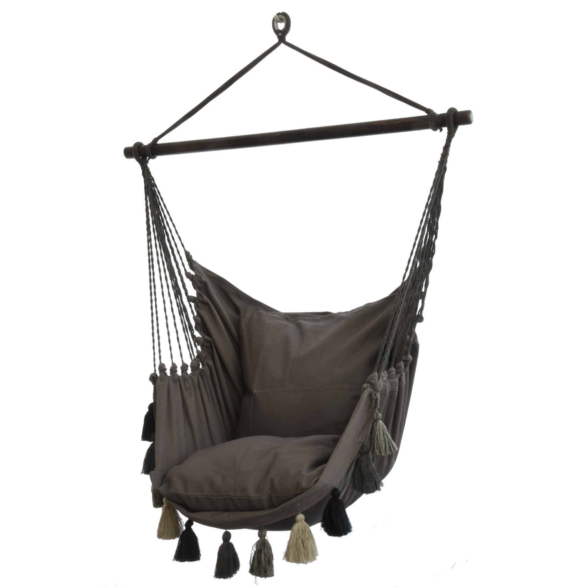 HOPLO Hängestuhl Hängesessel HC-10 graubraun Häkelborte und Quasten Baumwolle
