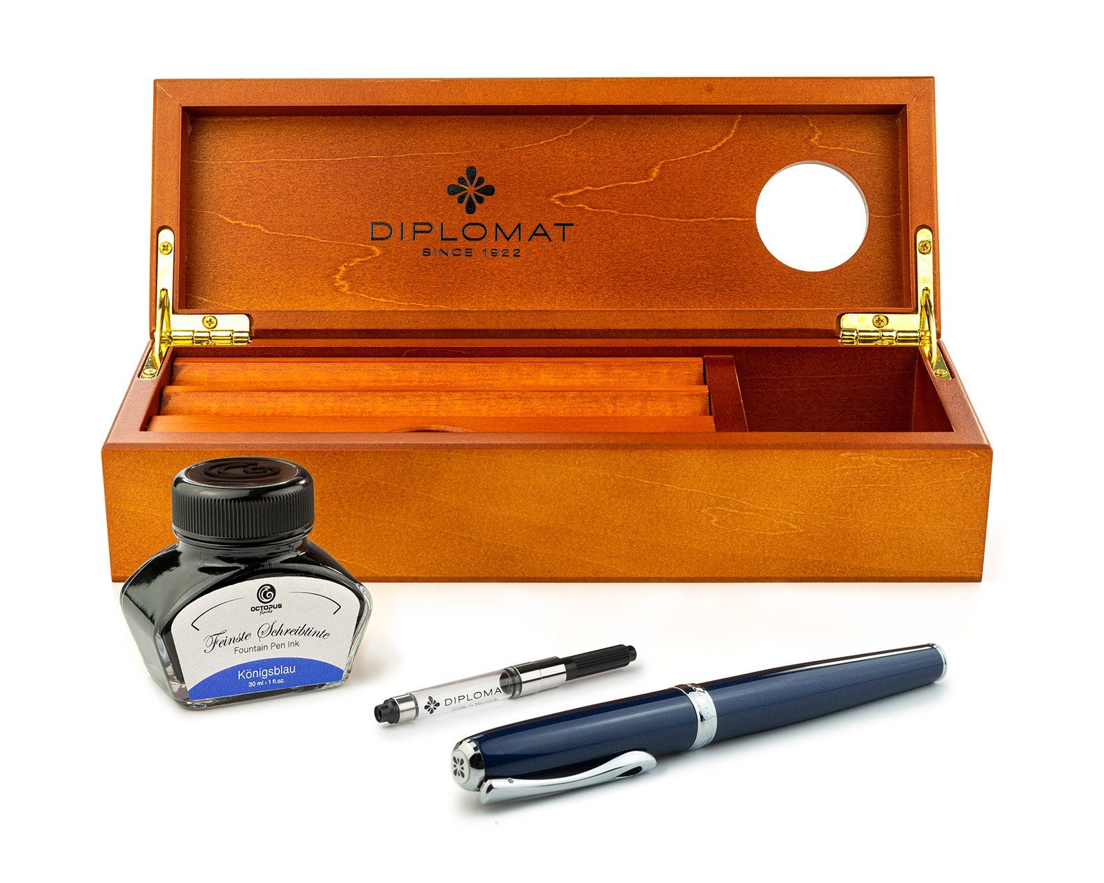 DIPLOMAT Füllhalter Excellence A2 Midnight Blue Chrom mit Карандашиtui, (Komplett-Set mit Tintenkonverter, Schreibtinte Königsblau von Octopus Fluids und Holzetui), MADE IN GERMANY