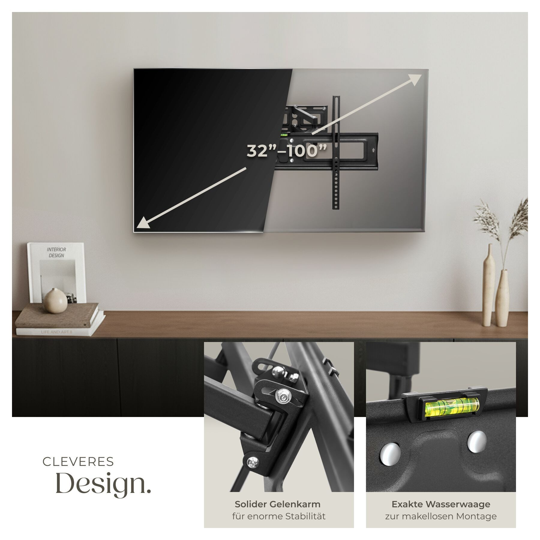 tectake TV-Wandhalterung Fernseherhalterung für 32-100 Zoll (81-254 cm), max. VESA 600 x 400, (bis 100 Zoll, für Flachbildfernseher, bis 120 kg, ausziehbar, schwenkbar, neigbar und stufenlos breitenverstellbar)
