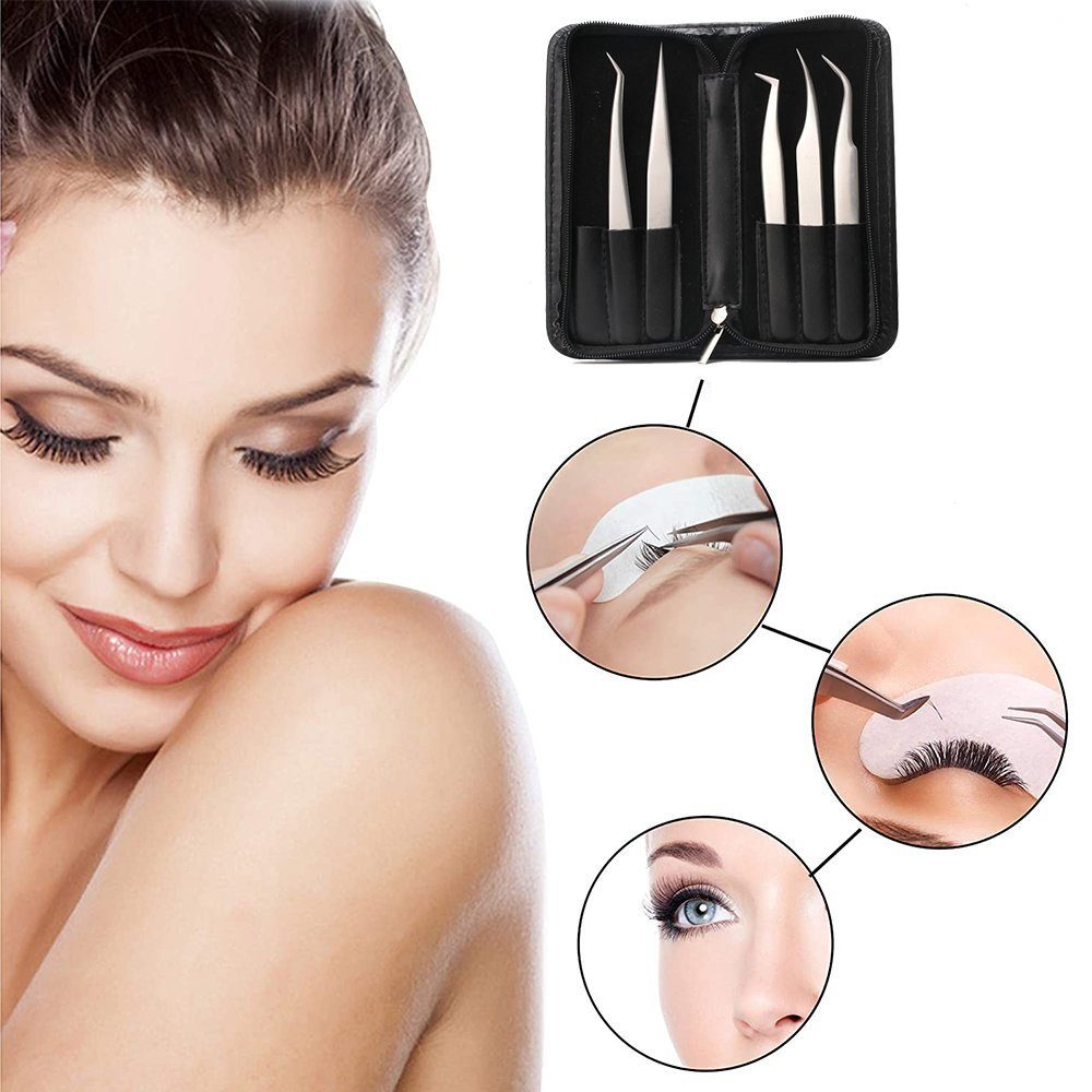 Professionelles Jormftte Wimpernpinzetten-Set Satz, 1 Wimpernverlängerung, * Augen Wimpernzange für Mandelförmige Kunstleder-Kunstledertasche,