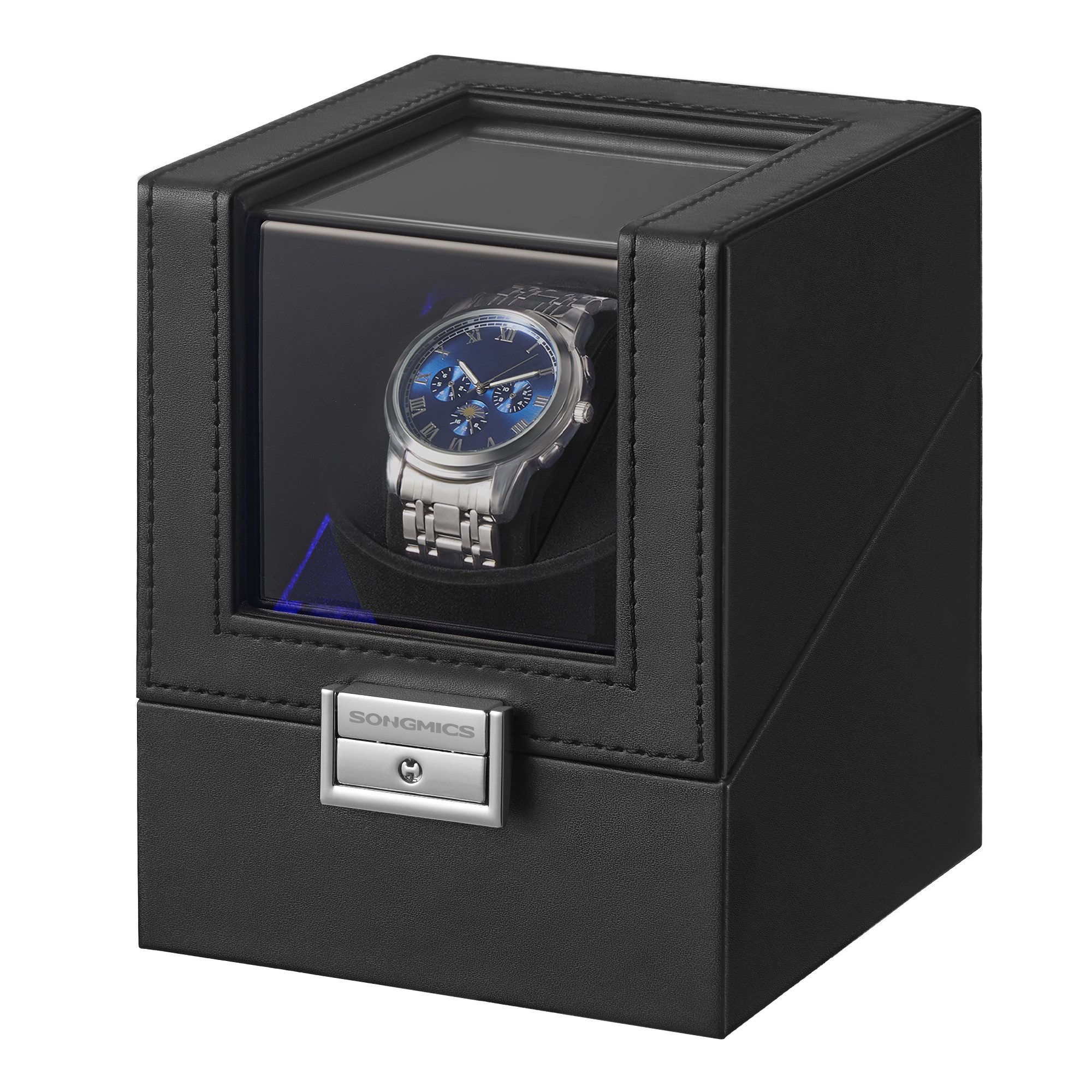 SONGMICS Uhrenbeweger Uhrenbox, Premium-Motor, mit LED-Licht, verstellbarem Uhrenkissen, Automatik Uhrenbeweger 1 Uhr, Schloss, 4 Rotationsmodi,USB-C-Ladekabel
